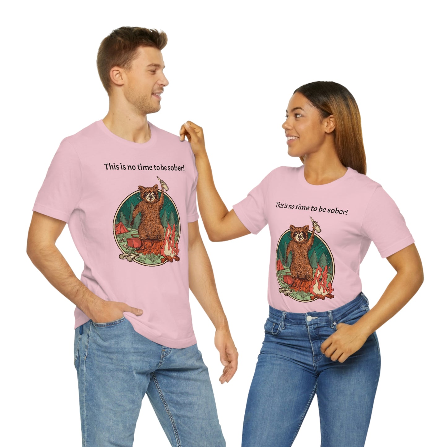 The Outdoor POD Store. This is no time to be sober raccoon campfire T-shirt. Pink
