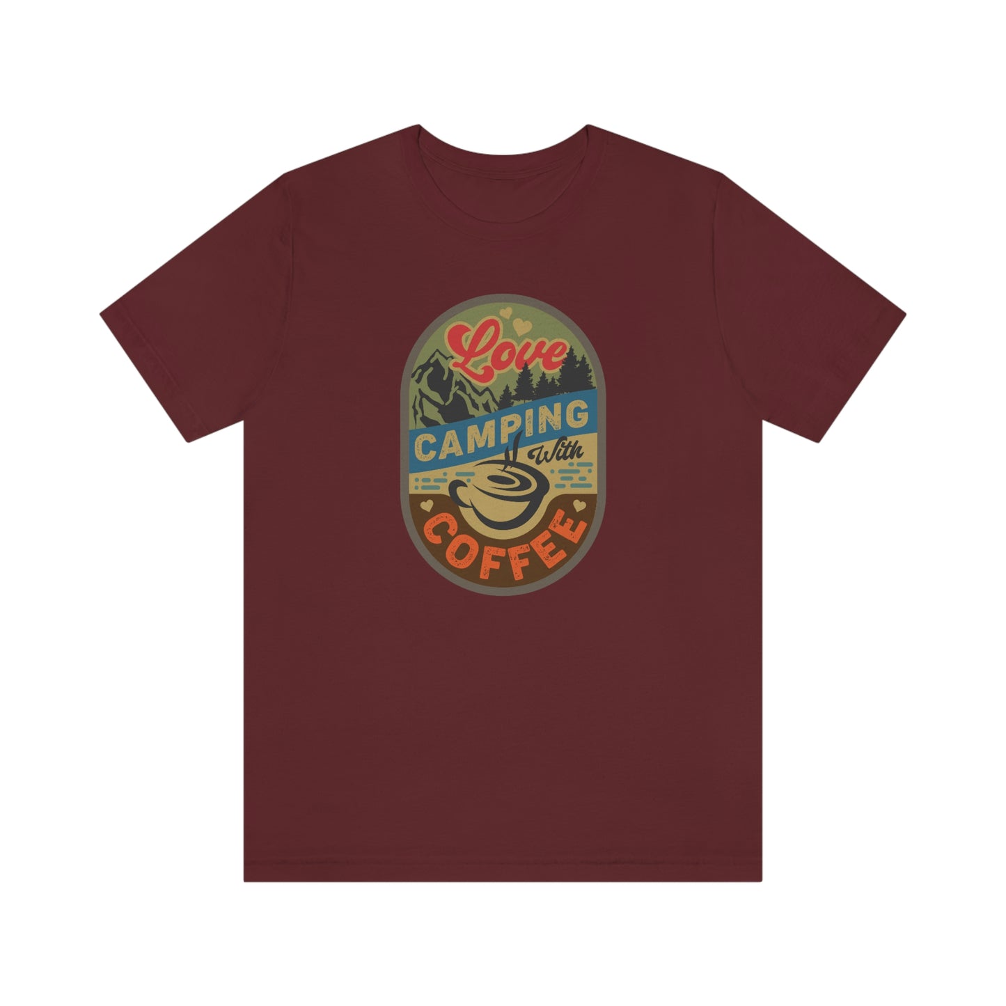 The Outdoor POD Store: Vintage Camping Tee - Love Camping with Coffee. Maroon