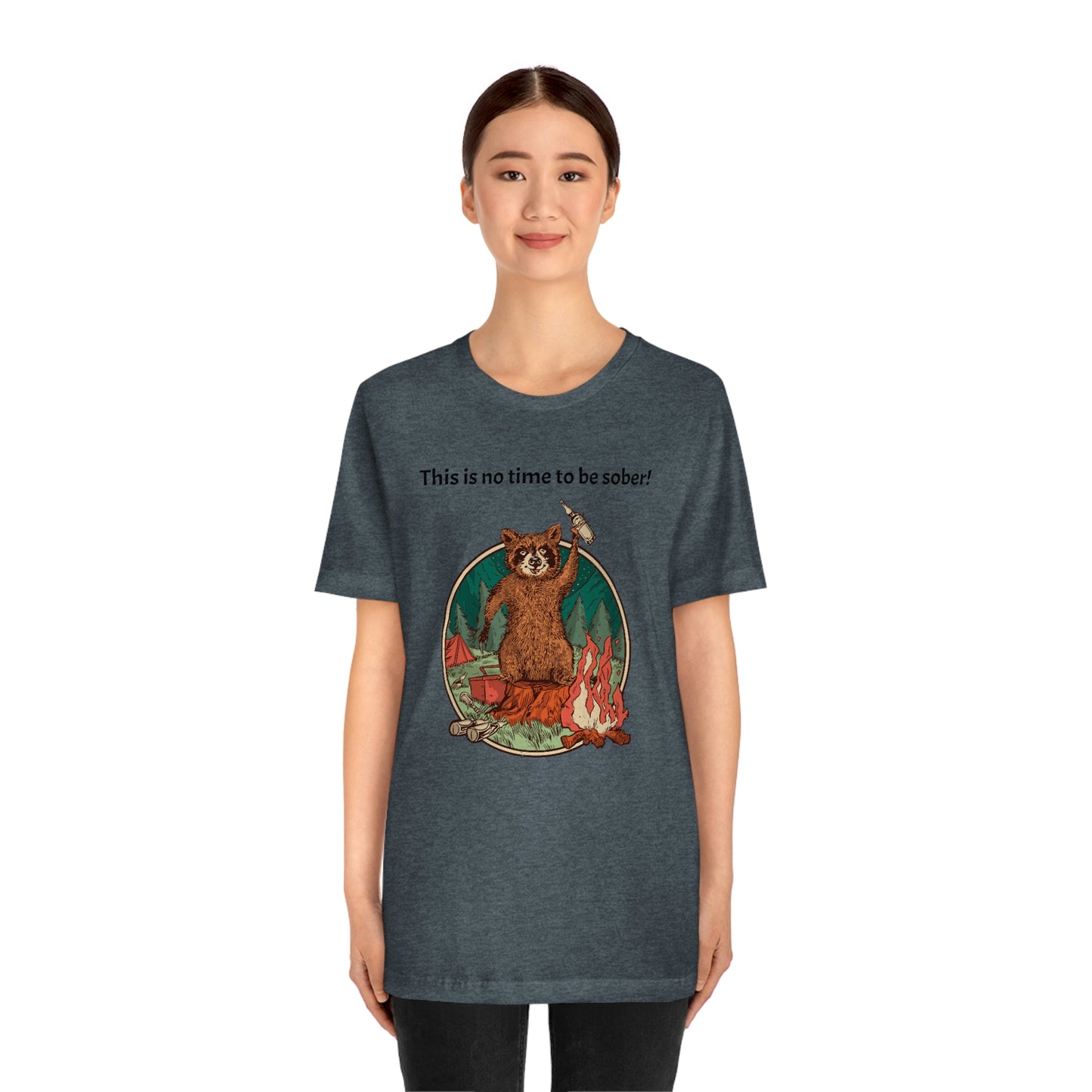 The Outdoor POD Store. This is no time to be sober raccoon campfire T-shirt. Heather Slate Grey