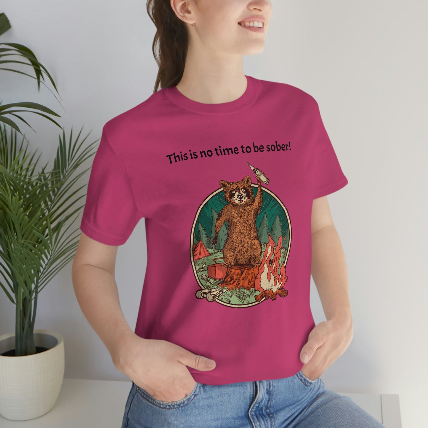 The Outdoor POD Store. This is no time to be sober raccoon campfire T-shirt. Berry