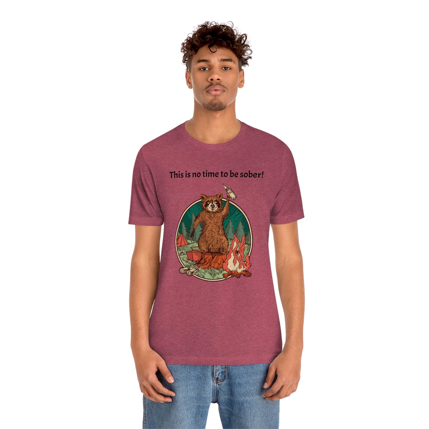 The Outdoor POD Store. This is no time to be sober raccoon campfire T-shirt. Heather Raspberry
