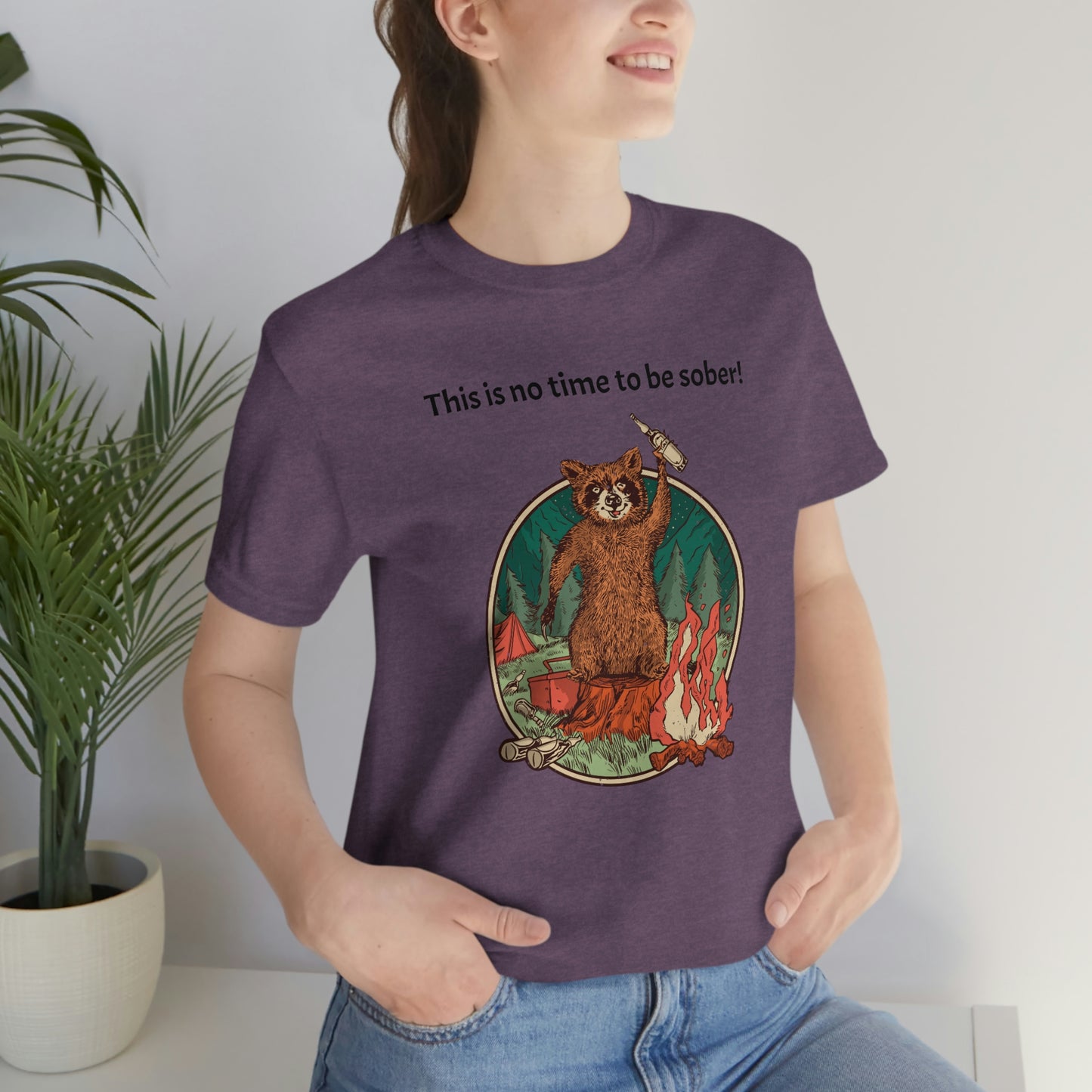 The Outdoor POD Store. This is no time to be sober raccoon campfire T-shirt. Heather Purple