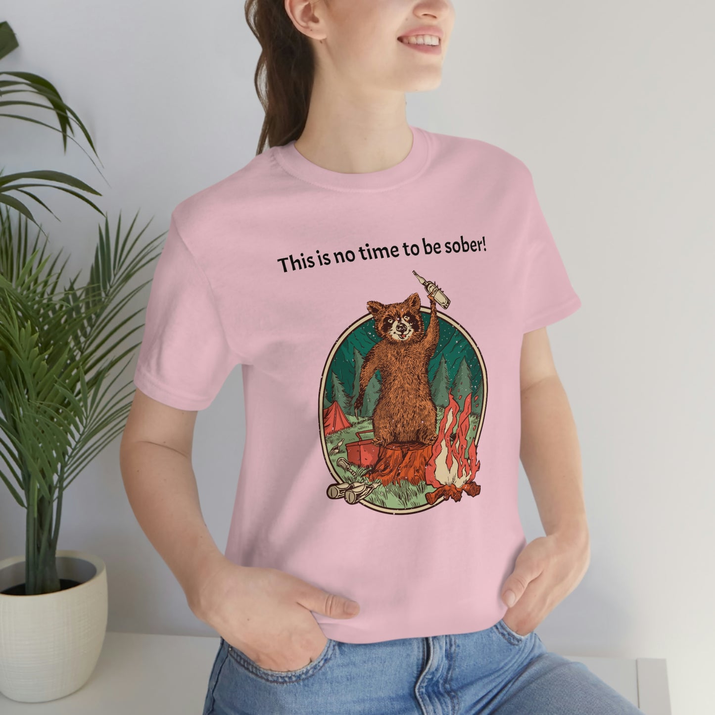 The Outdoor POD Store. This is no time to be sober raccoon campfire T-shirt. Pink