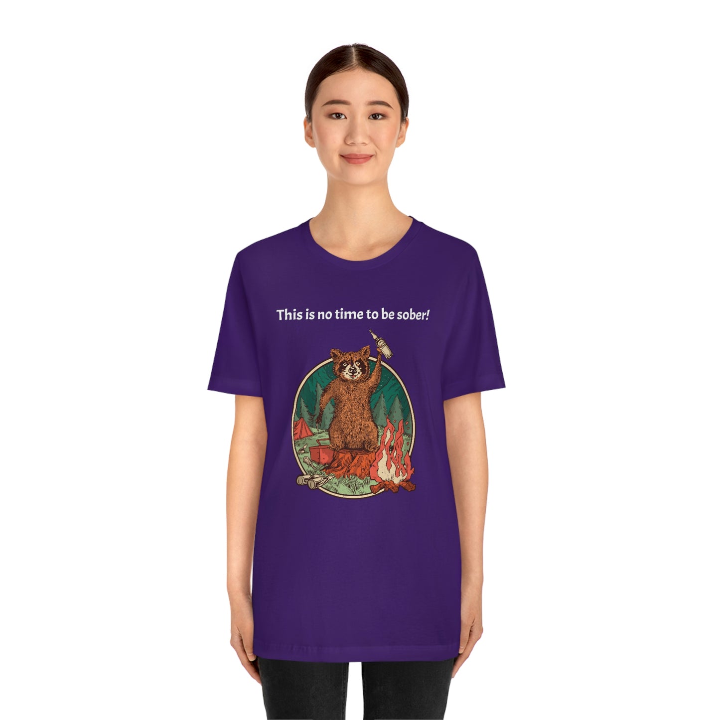 The Outdoor POD Store. This is no time to be sober raccoon campfire T-shirt. Purple