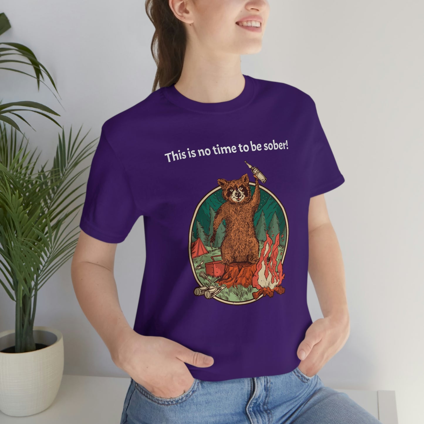 The Outdoor POD Store. This is no time to be sober raccoon campfire T-shirt. Purple