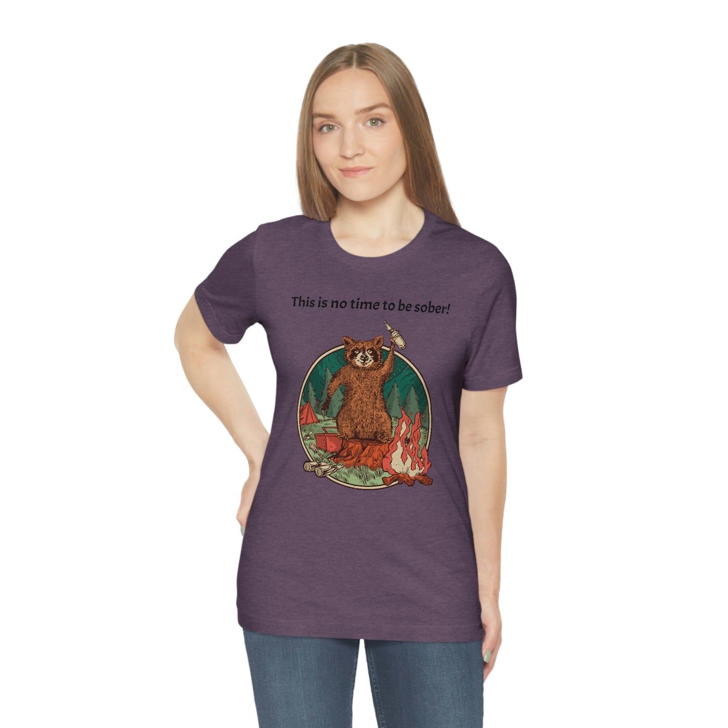 The Outdoor POD Store. This is no time to be sober raccoon campfire T-shirt. Heather Purple