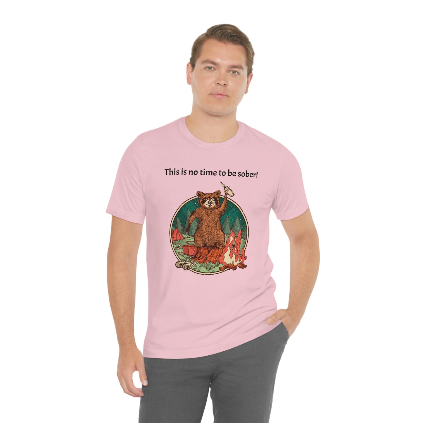 The Outdoor POD Store. This is no time to be sober raccoon campfire T-shirt. Pink