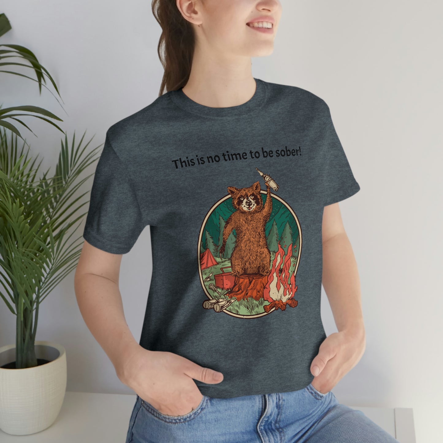 The Outdoor POD Store. This is no time to be sober raccoon campfire T-shirt. Heather Slate Grey