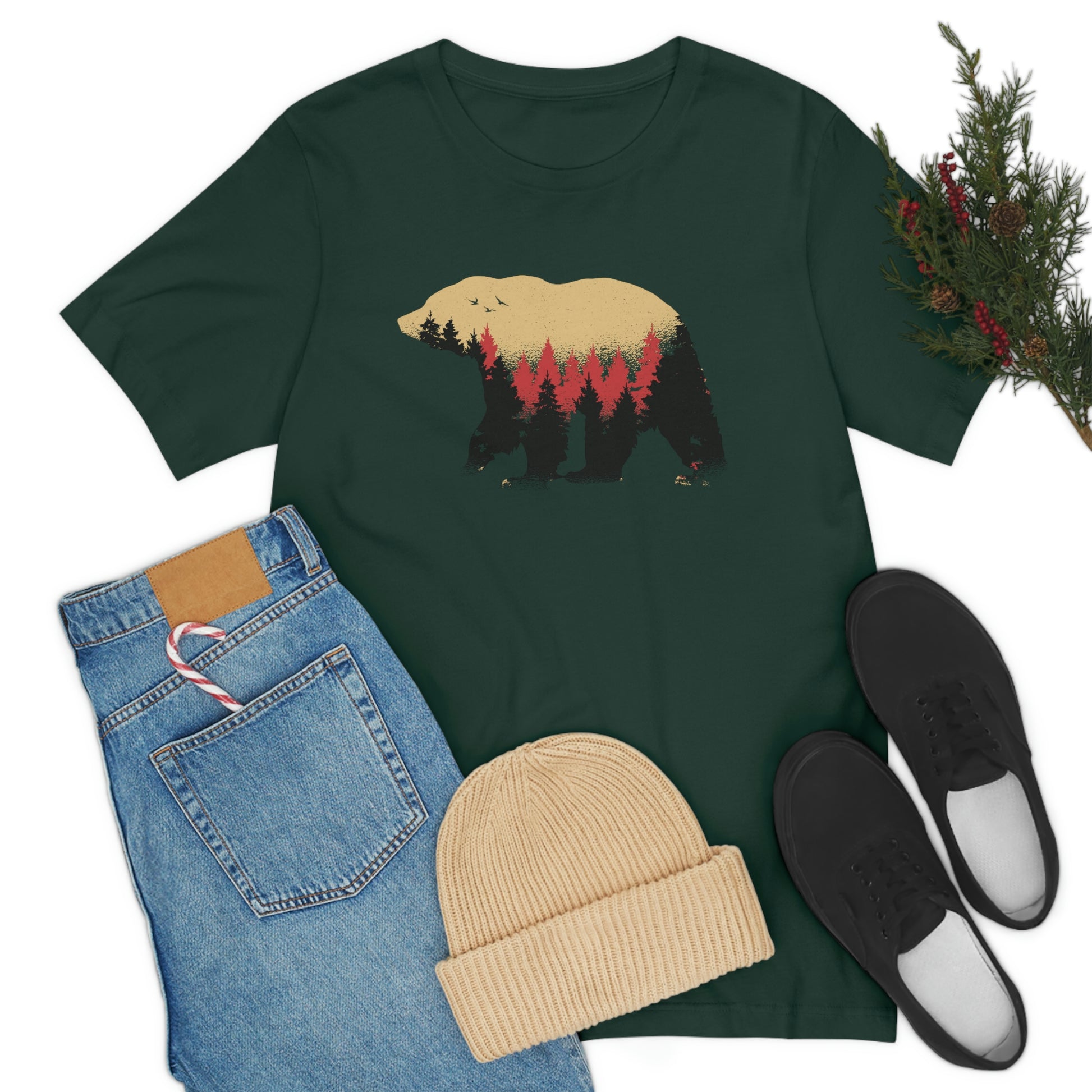 Outdoor POD Store. Camping Tee Collection. Bear Silhouette. Forest