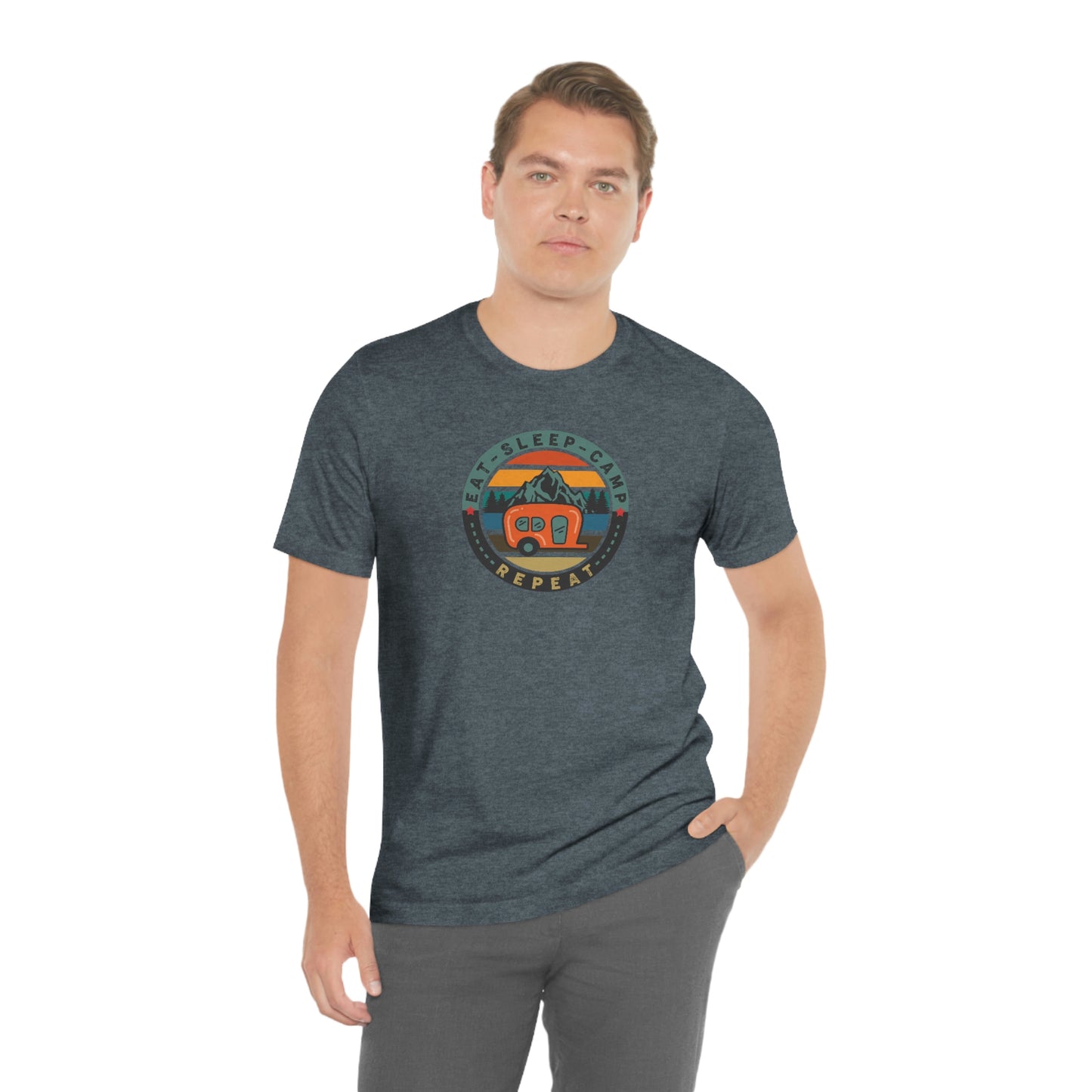 The Outdoor POD Store: Vintage Camping Tee - Eat, Sleep, Camp, Repeat. Heather Slate