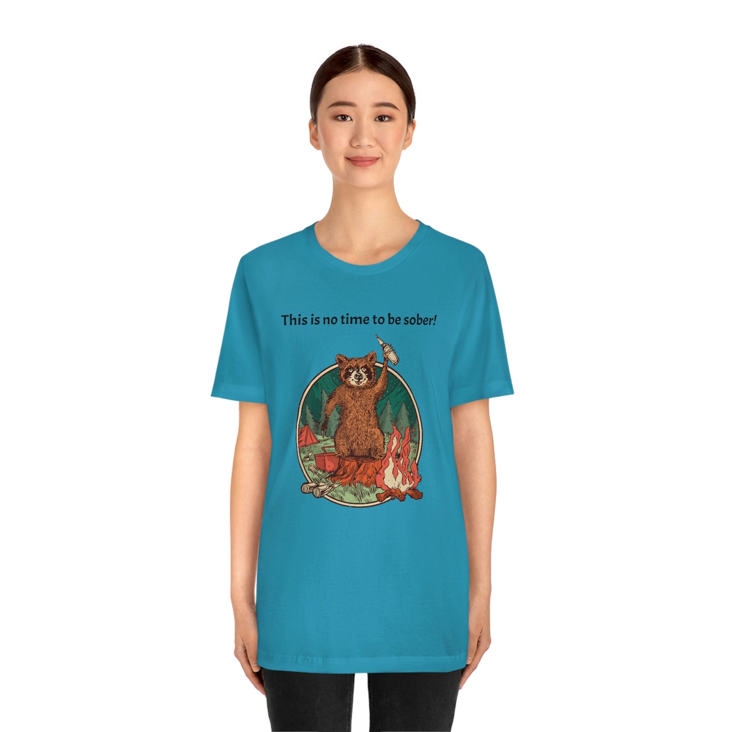 The Outdoor POD Store. This is no time to be sober raccoon campfire T-shirt. Aqua