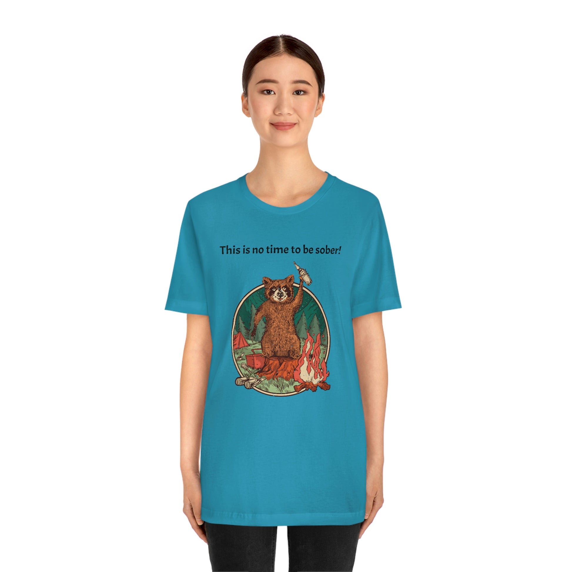 The Outdoor POD Store. This is no time to be sober raccoon campfire T-shirt. Aqua