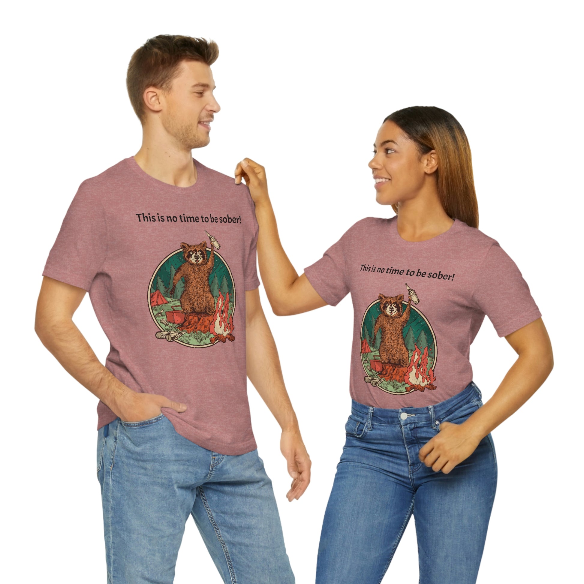 The Outdoor POD Store. This is no time to be sober raccoon campfire T-shirt. Heather Mauve