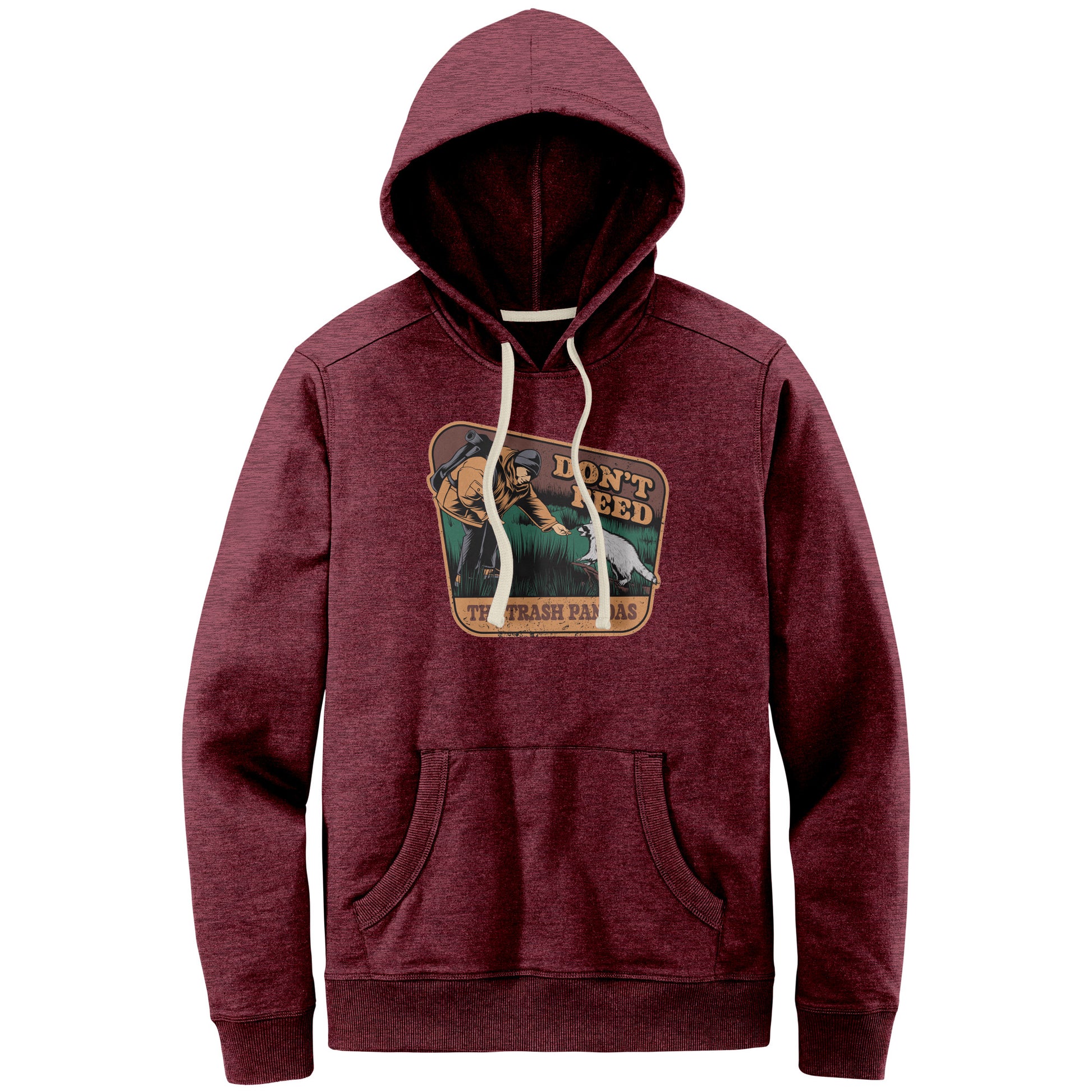 The Outdoor POD Store: 100% Recycled Hoodie, Funny Animal Meme Hoodie. Don't Feed the Trash Pandas. Maroon Heather