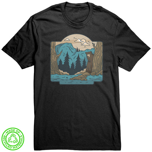 The Outdoor POD Store. 100% Recycled Tee Collection. Bear in the Woods. Black