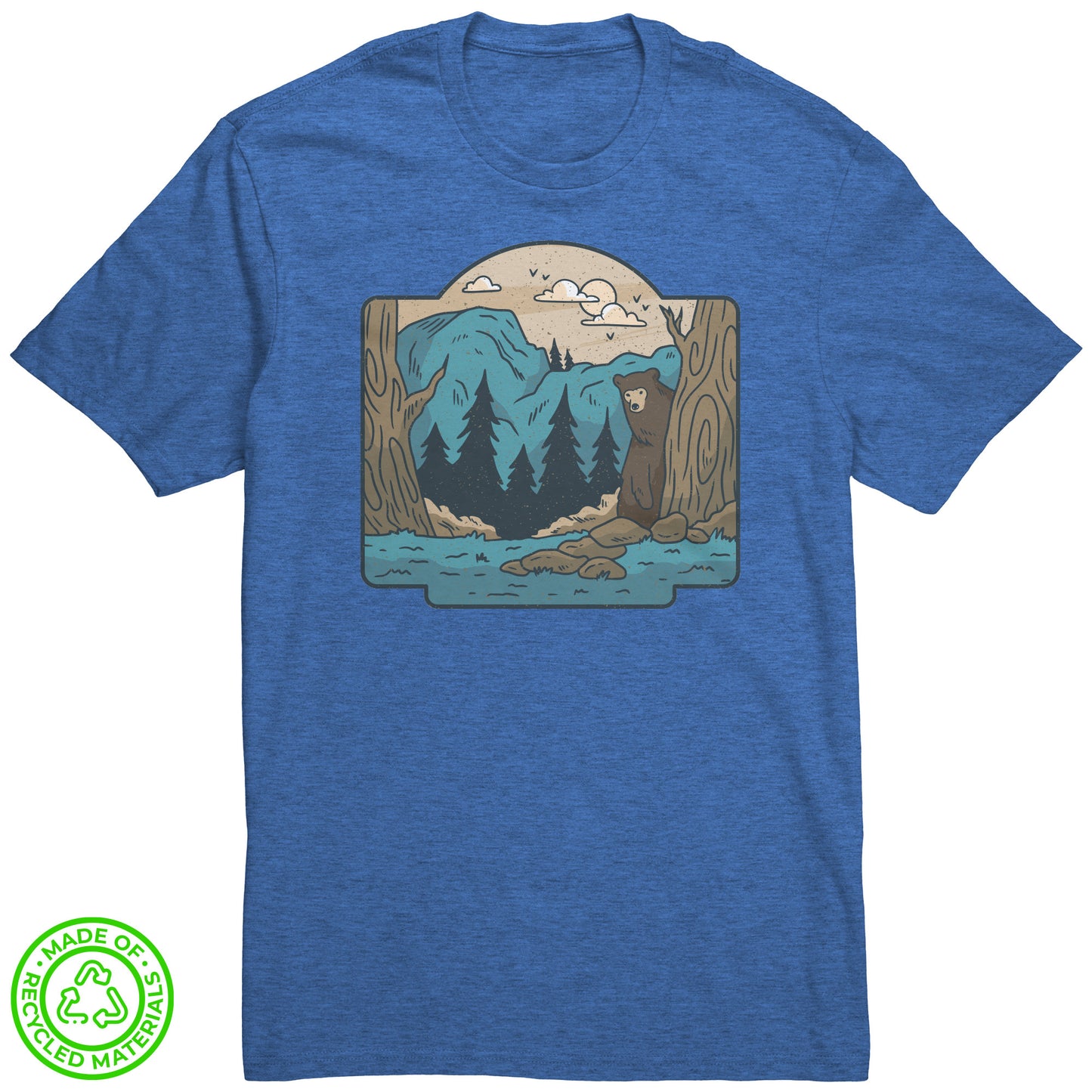 The Outdoor POD Store. 100% Recycled Tee Collection. Bear in the Woods. Heather Blue