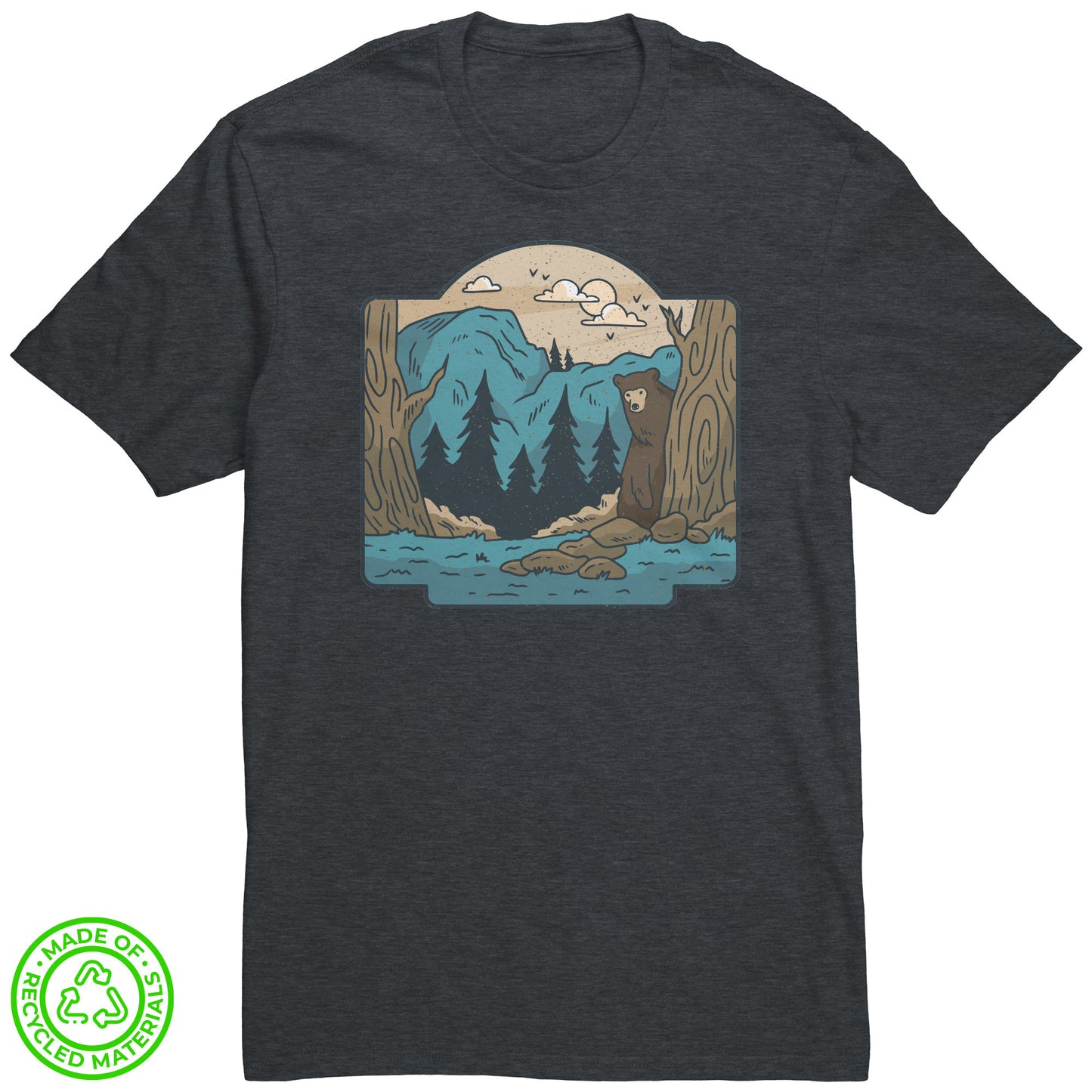 The Outdoor POD Store. 100% Recycled Tee Collection. Bear in the Woods. Charcoal Heather