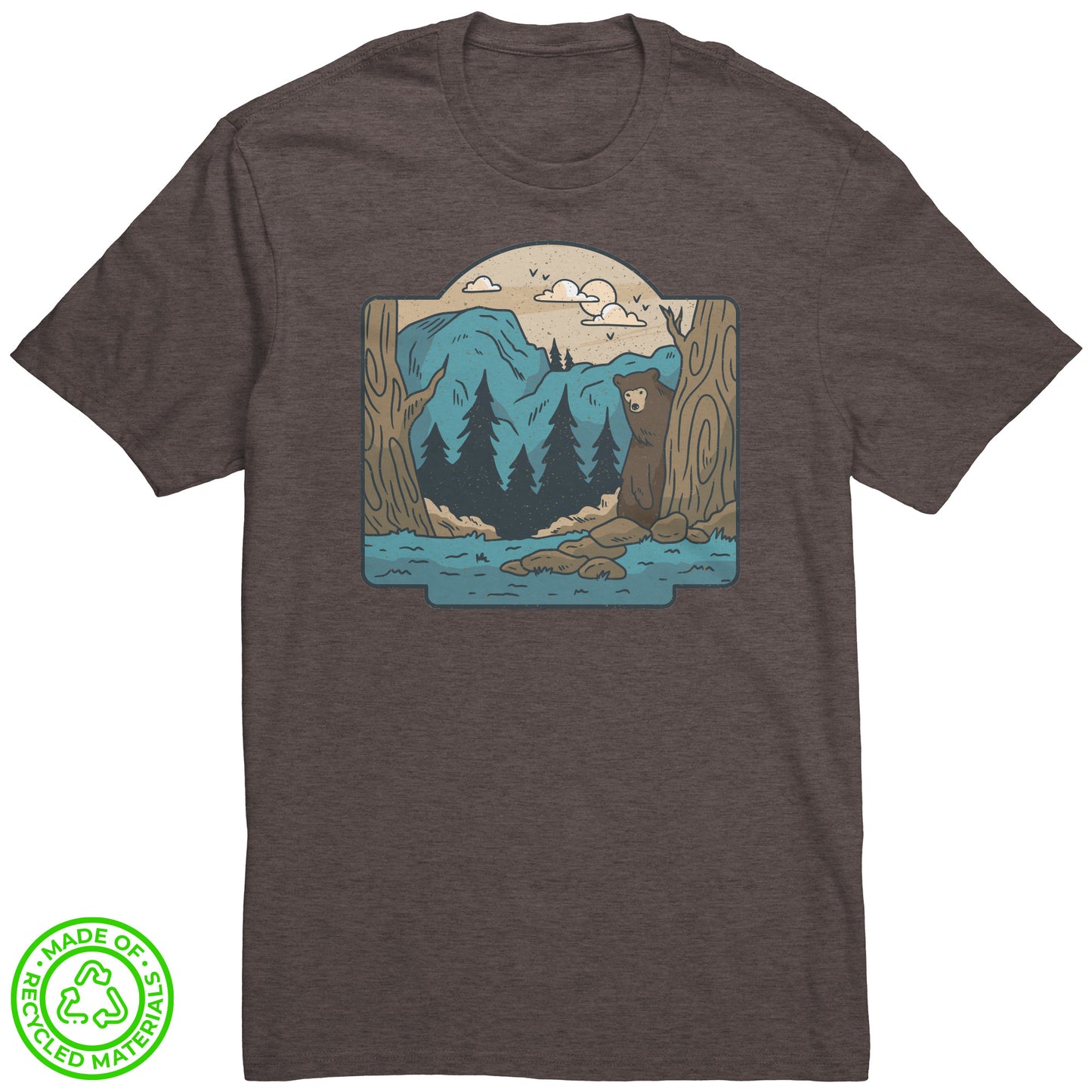 The Outdoor POD Store. 100% Recycled Tee Collection. Bear in the Woods. Brown Heather