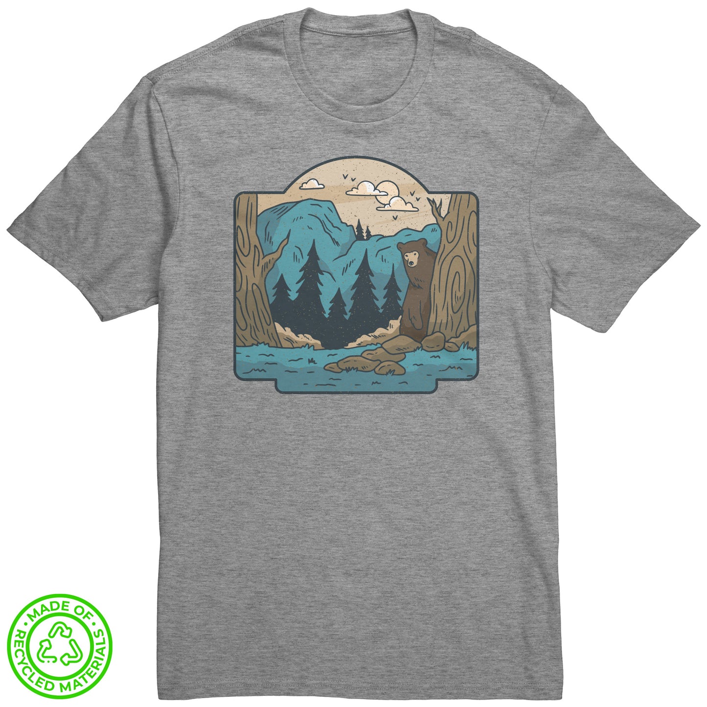 The Outdoor POD Store. 100% Recycled Tee Collection. Bear in the Woods. Light Heather Grey