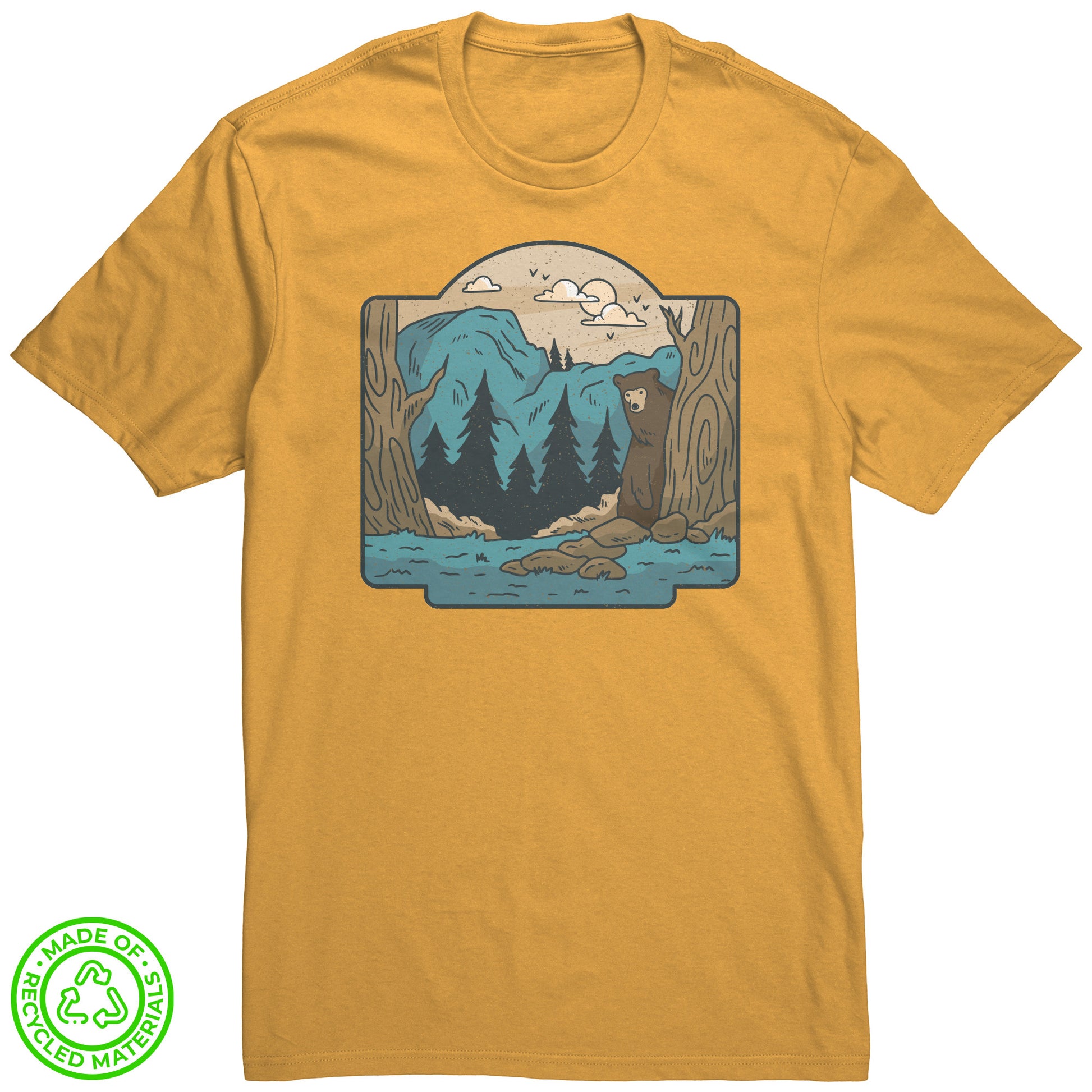 The Outdoor POD Store. 100% Recycled Tee Collection. Bear in the Woods. Maize Yellow