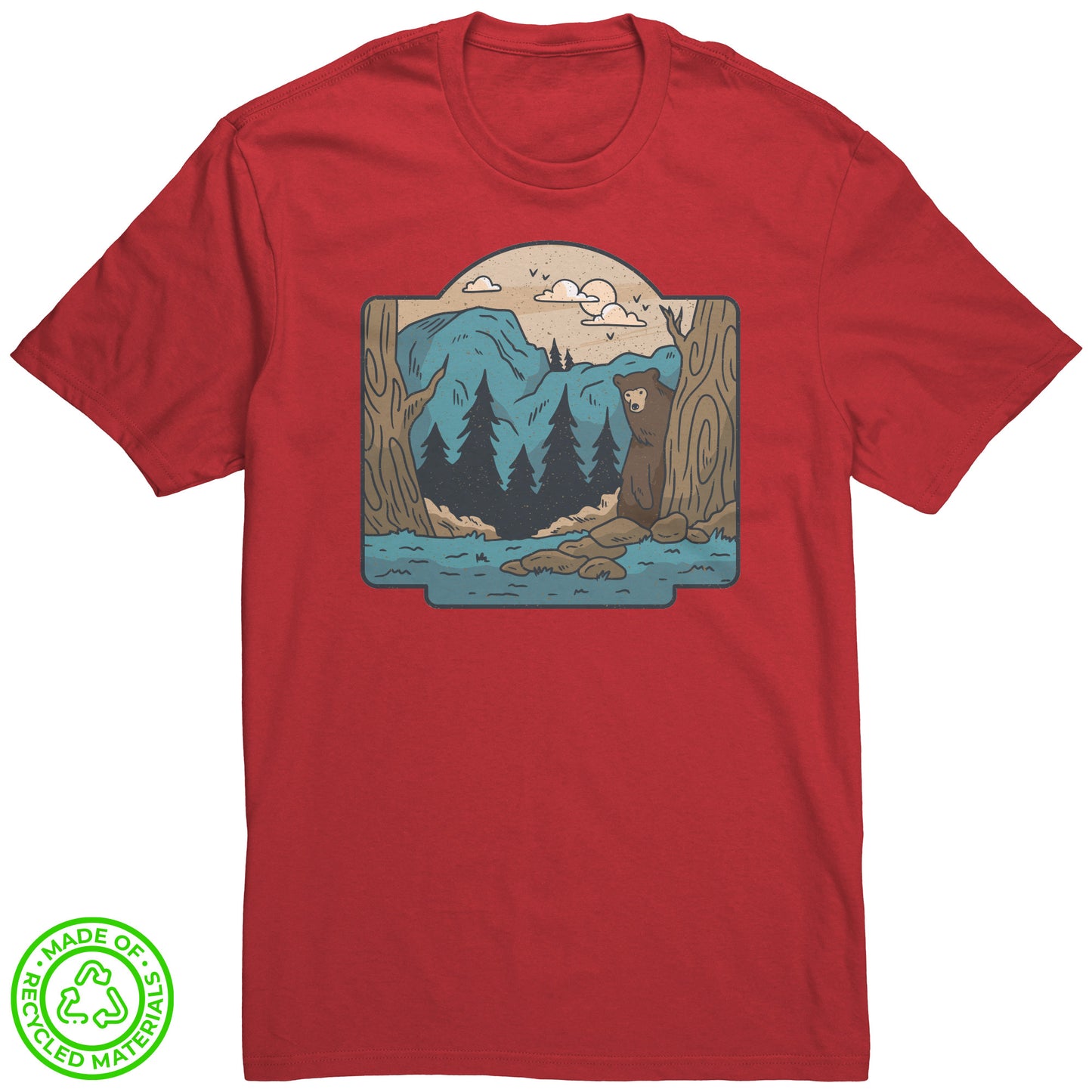 The Outdoor POD Store. 100% Recycled Tee Collection. Bear in the Woods. Ruby Red