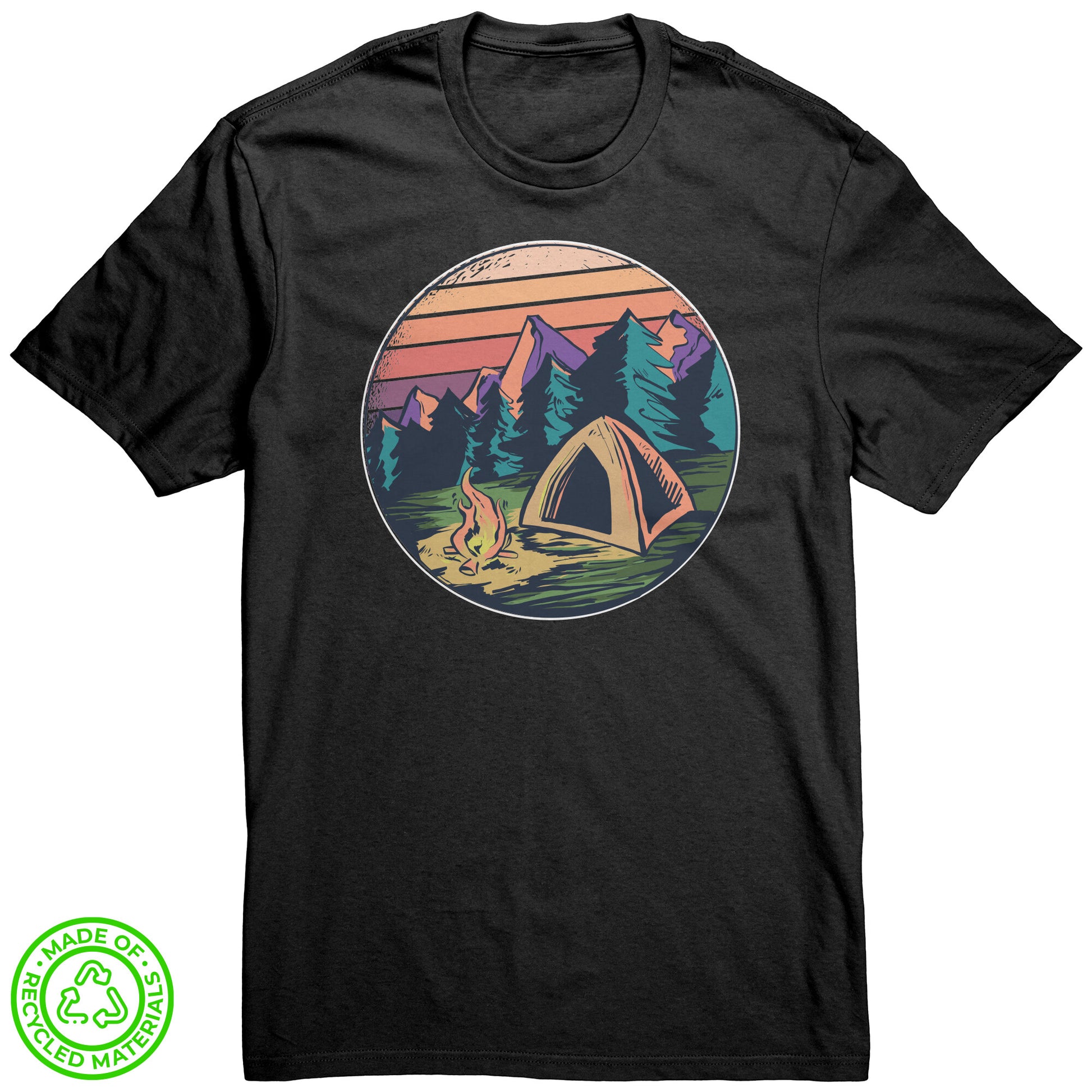 The Outdoor POD Store. 100% Recycled Tee Collection. Campfire in Forest. Black