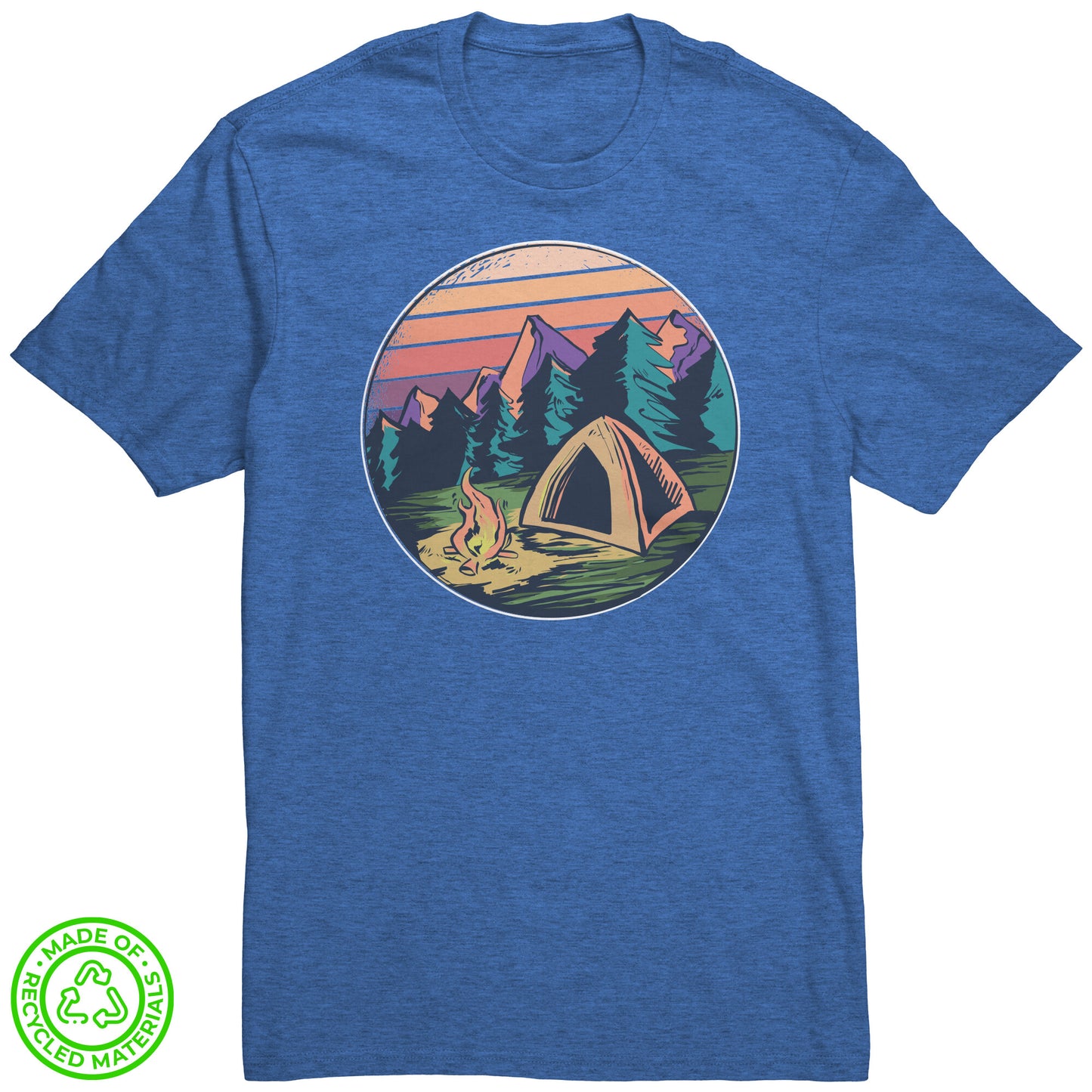 The Outdoor POD Store. 100% Recycled Tee Collection. Campfire in Forest. Blue Heather