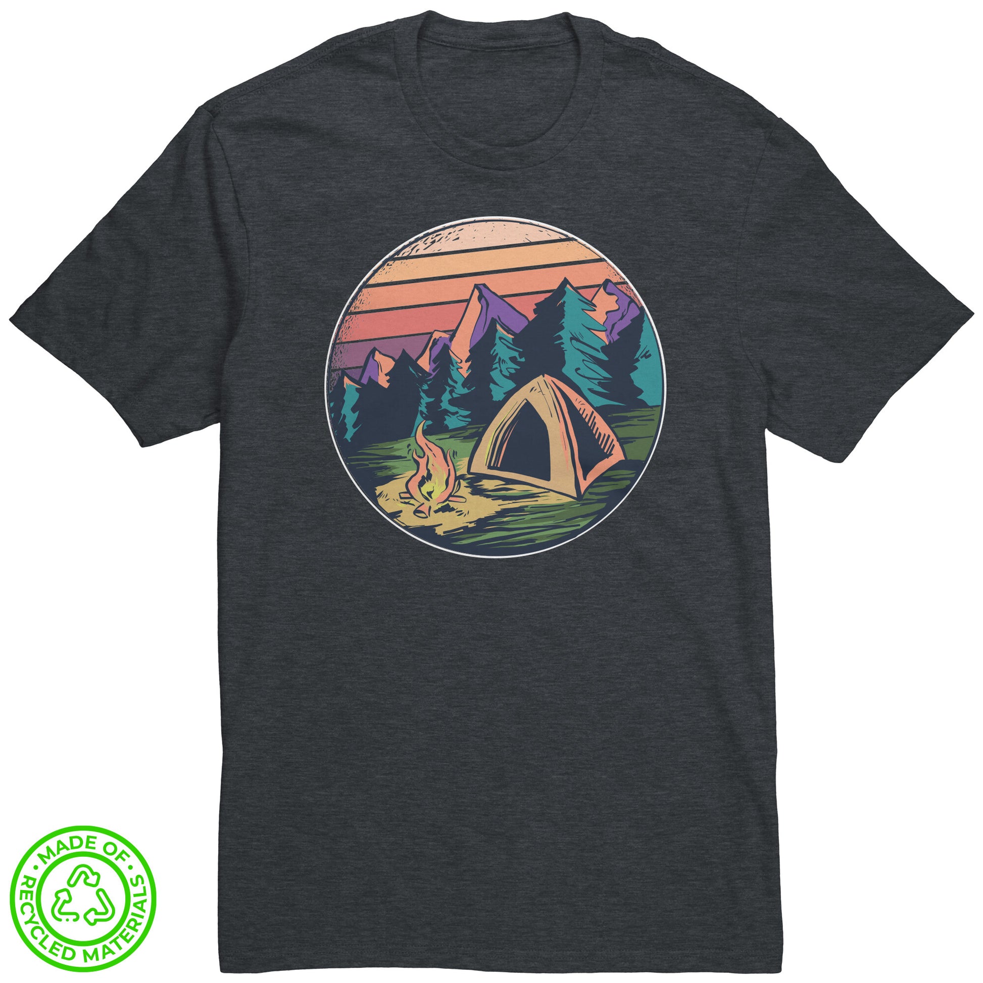 The Outdoor POD Store. 100% Recycled Tee Collection. Campfire in Forest. Charcoal Heather