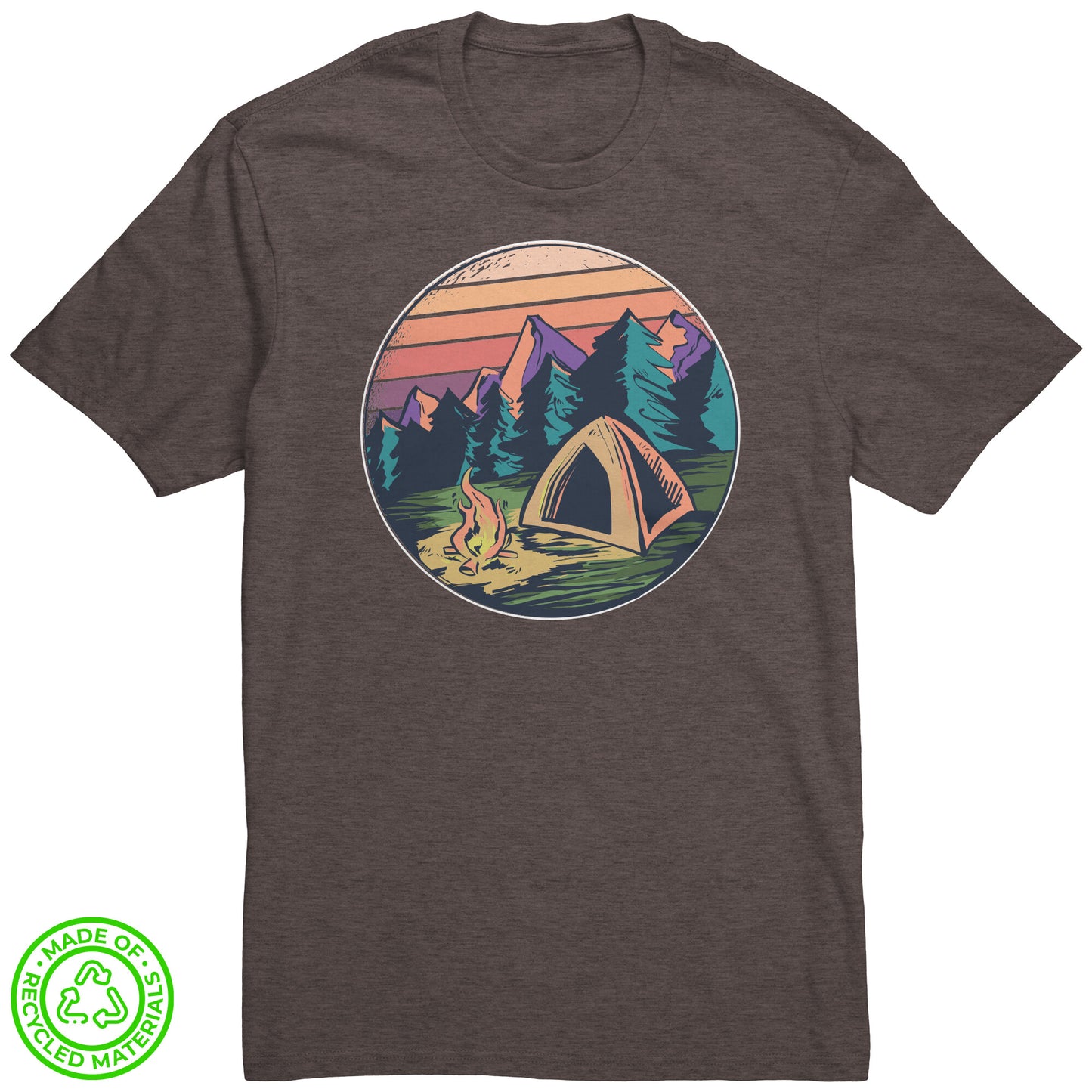 The Outdoor POD Store. 100% Recycled Tee Collection. Campfire in Forest. Deep Brown Heather