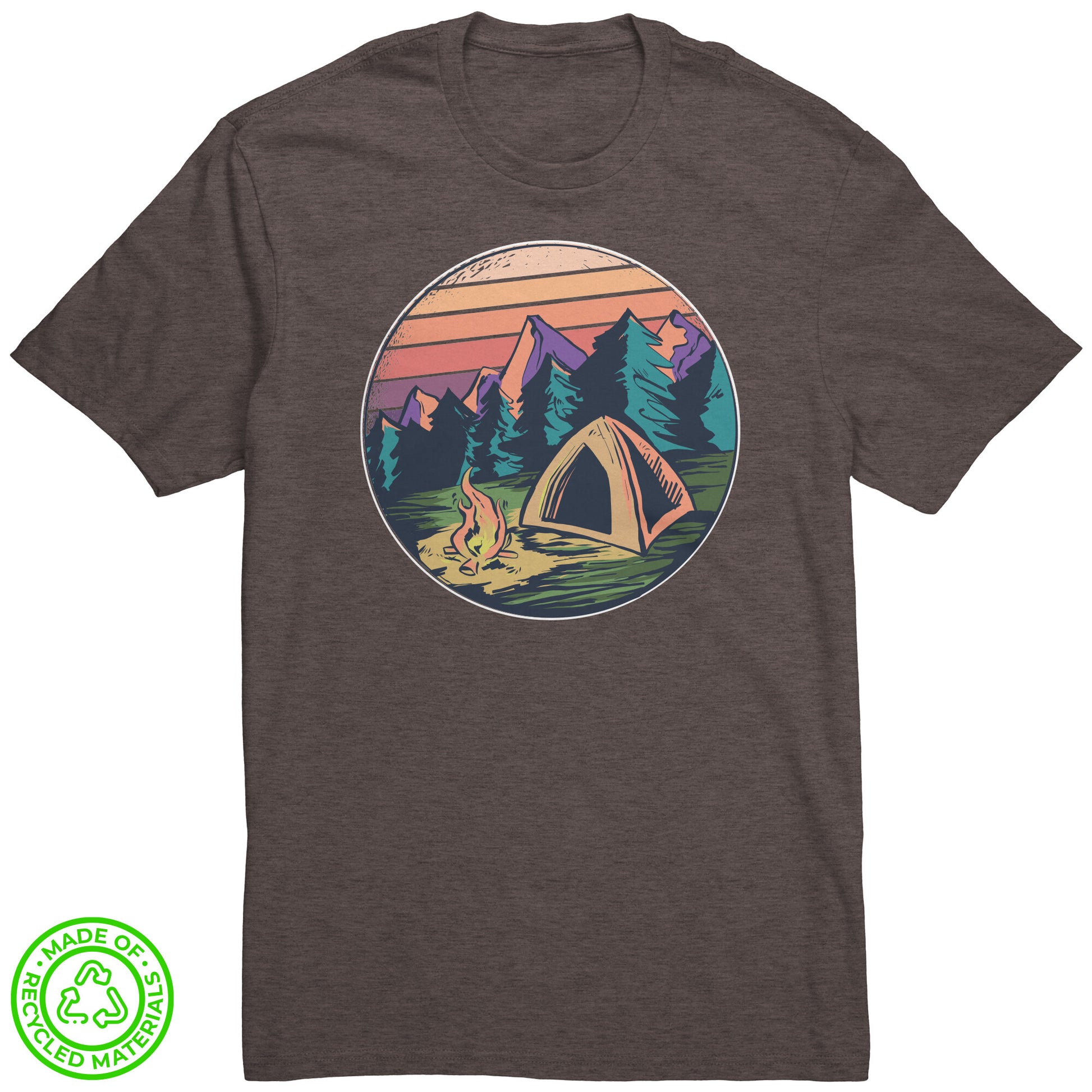 The Outdoor POD Store. 100% Recycled Tee Collection. Campfire in Forest. Deep Brown Heather