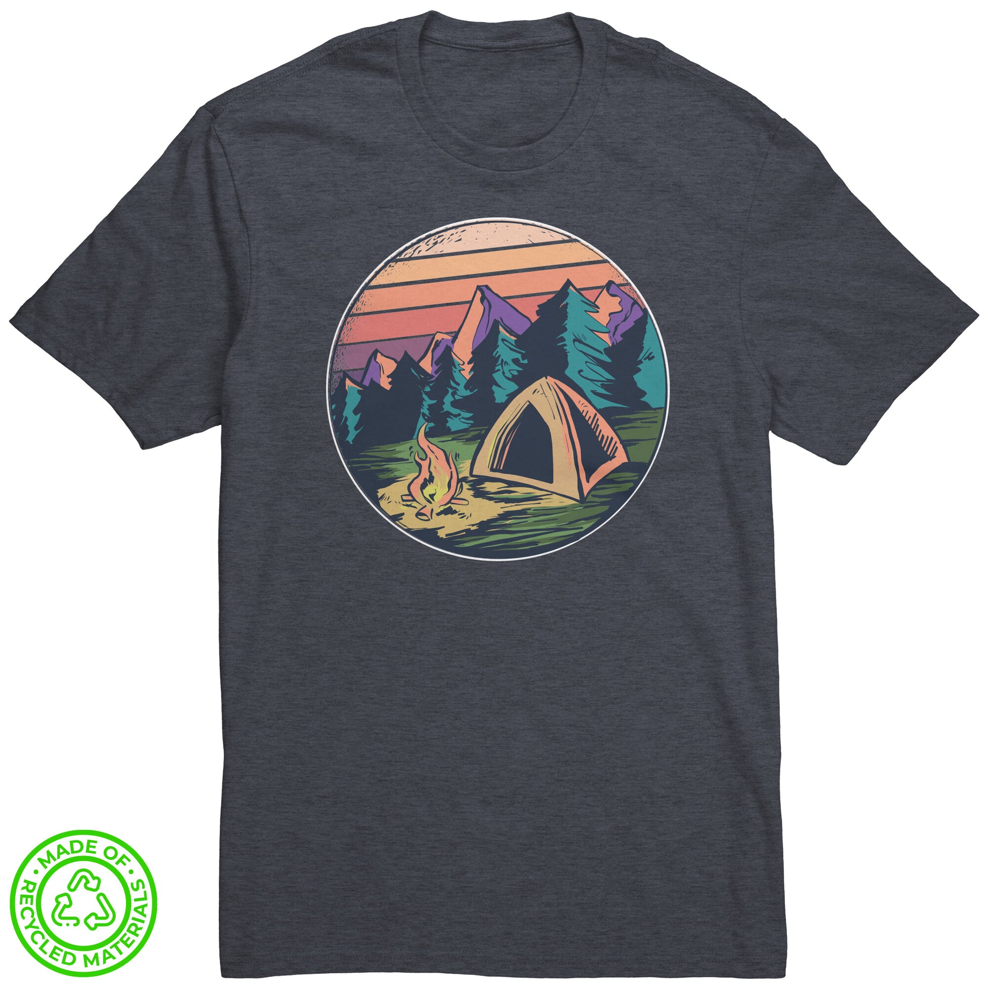 The Outdoor POD Store. 100% Recycled Tee Collection. Campfire in Forest. Heather Navy