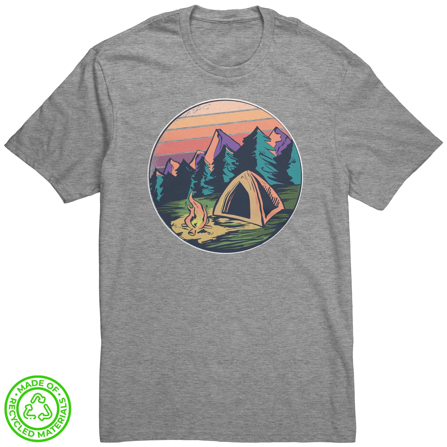 The Outdoor POD Store. 100% Recycled Tee Collection. Campfire in Forest. Light Heather Grey