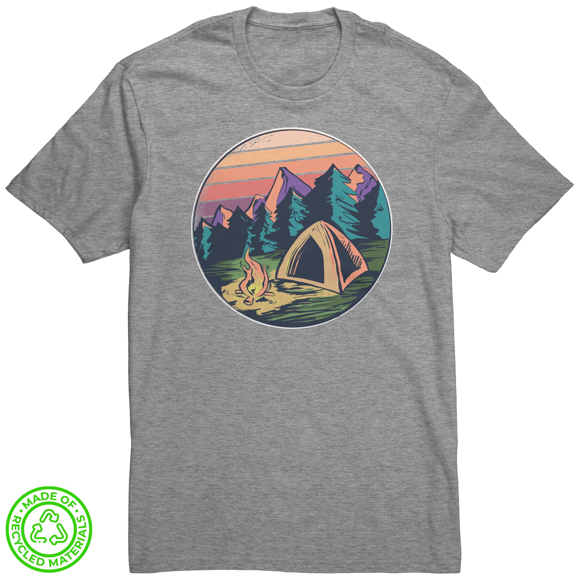 The Outdoor POD Store. 100% Recycled Tee Collection. Campfire in Forest. Light Heather Grey