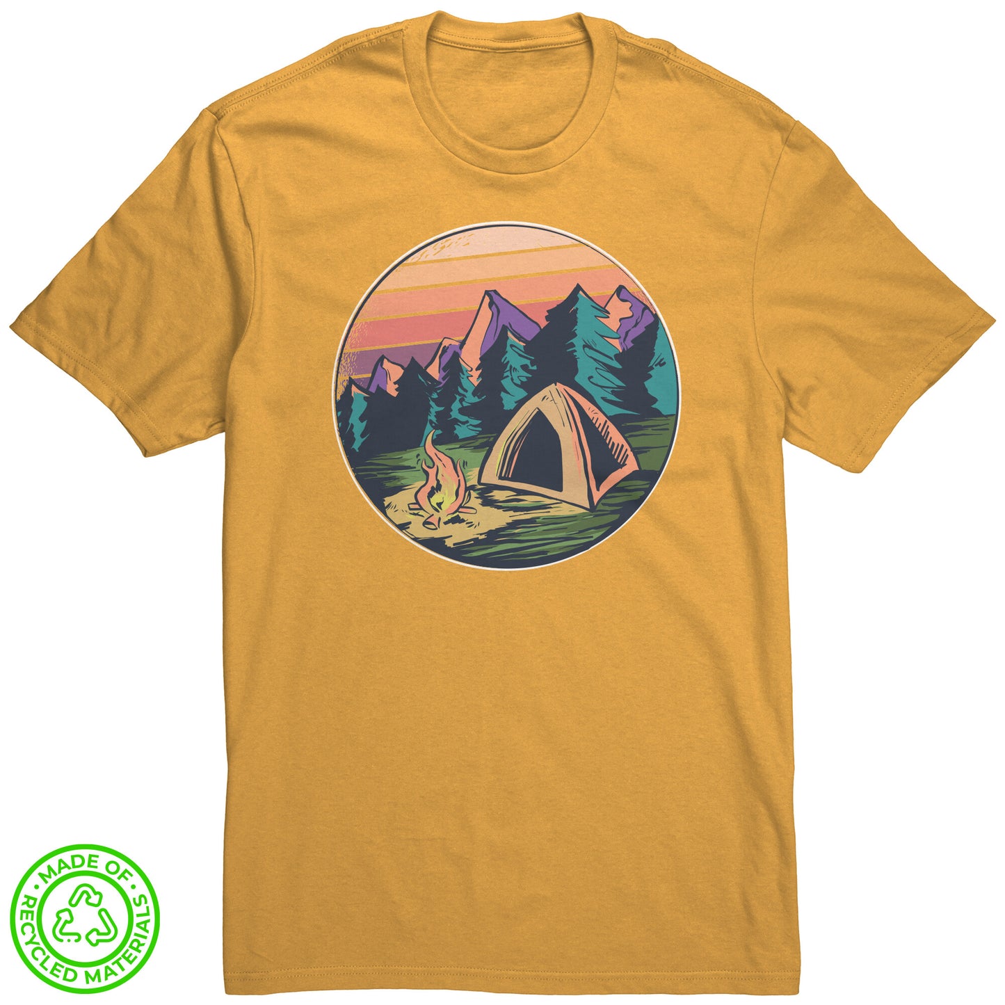 The Outdoor POD Store. 100% Recycled Tee Collection. Campfire in Forest. Maize Yellow