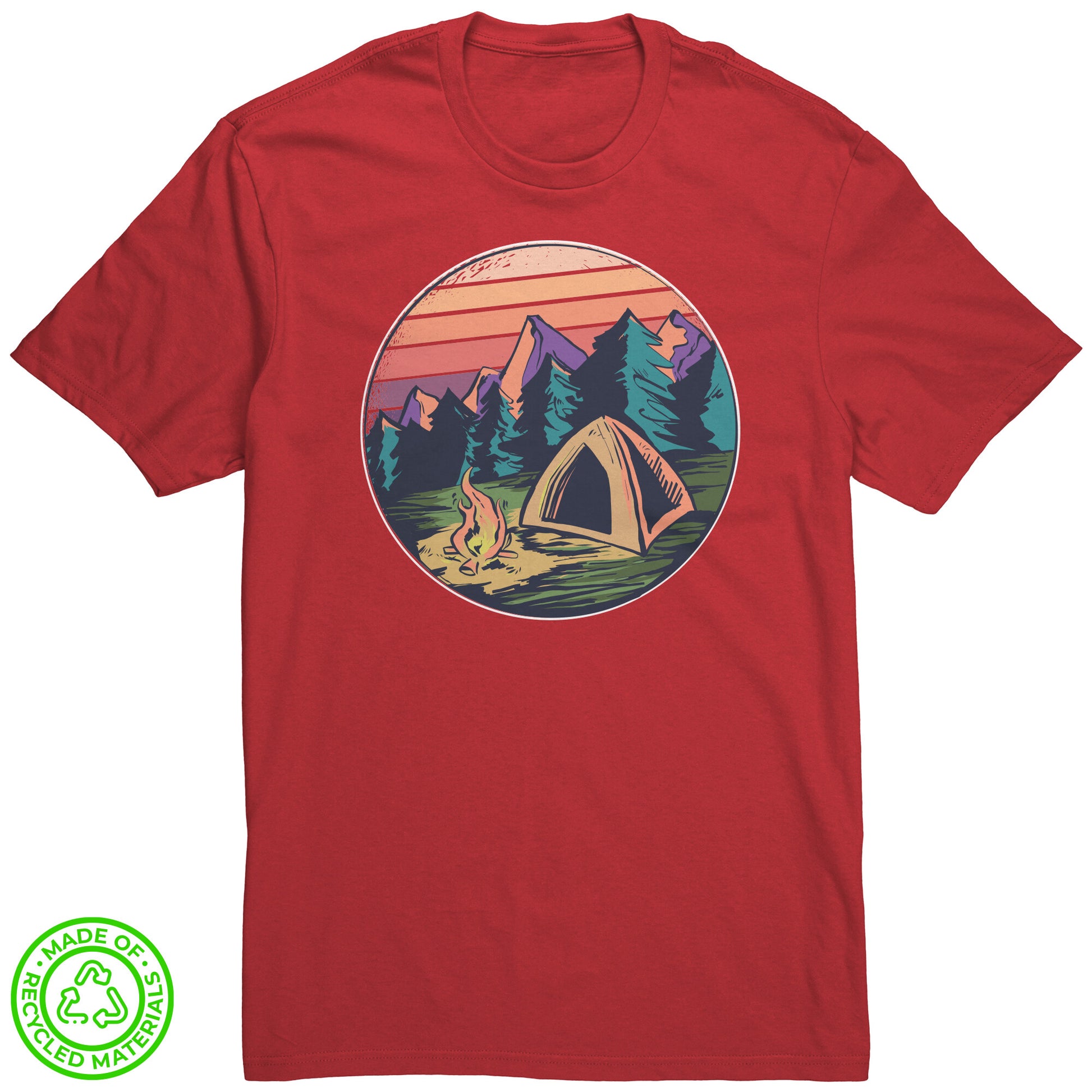 The Outdoor POD Store. 100% Recycled Tee Collection. Campfire in Forest. Ruby Red. Black