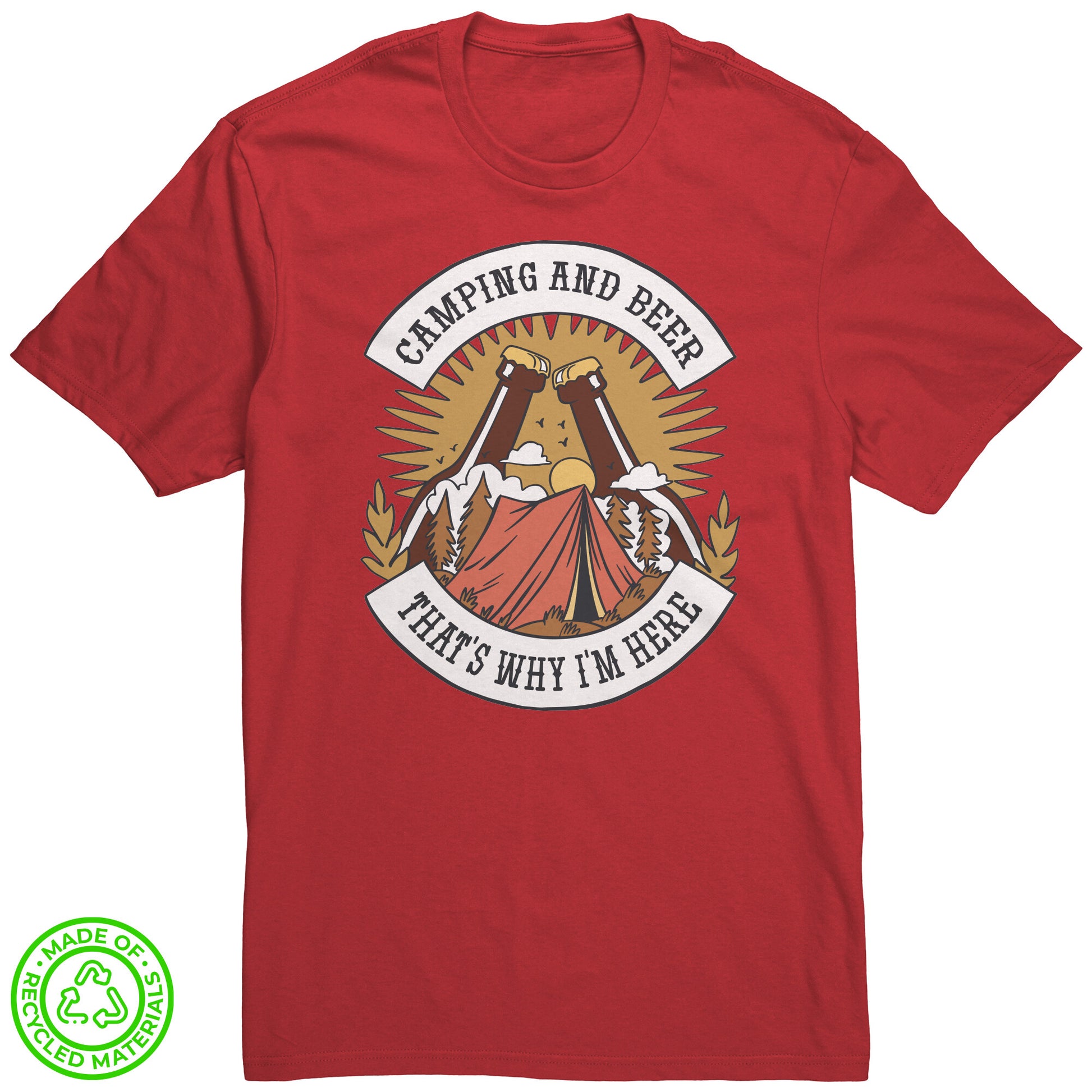 The Outdoor POD Store 100 percent recycled tee collection. Camping and beer that's why I'm here. Red