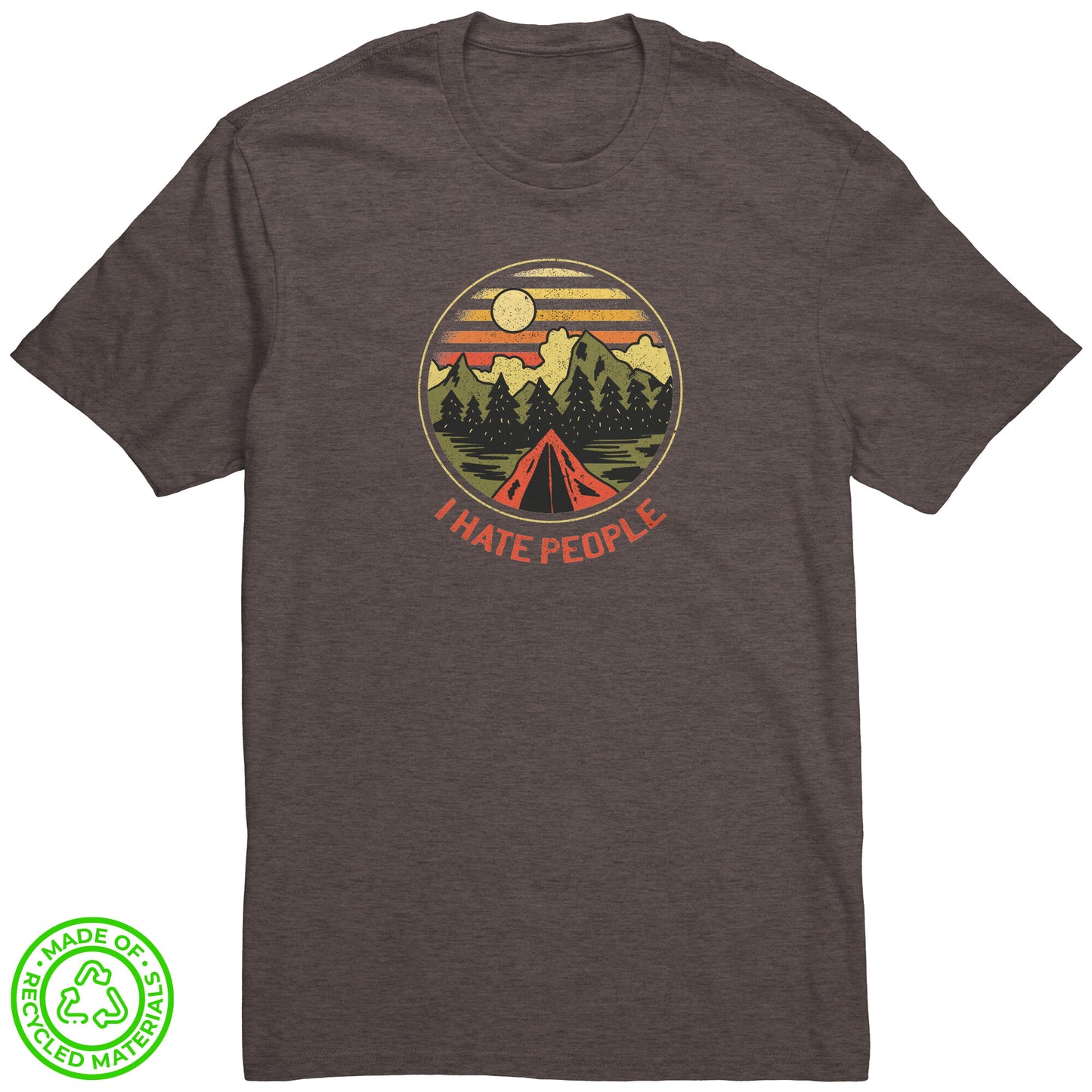 The Outdoor POD Store. 100% Recycled Tee Collection. I Hate People. Deep Heather Brown