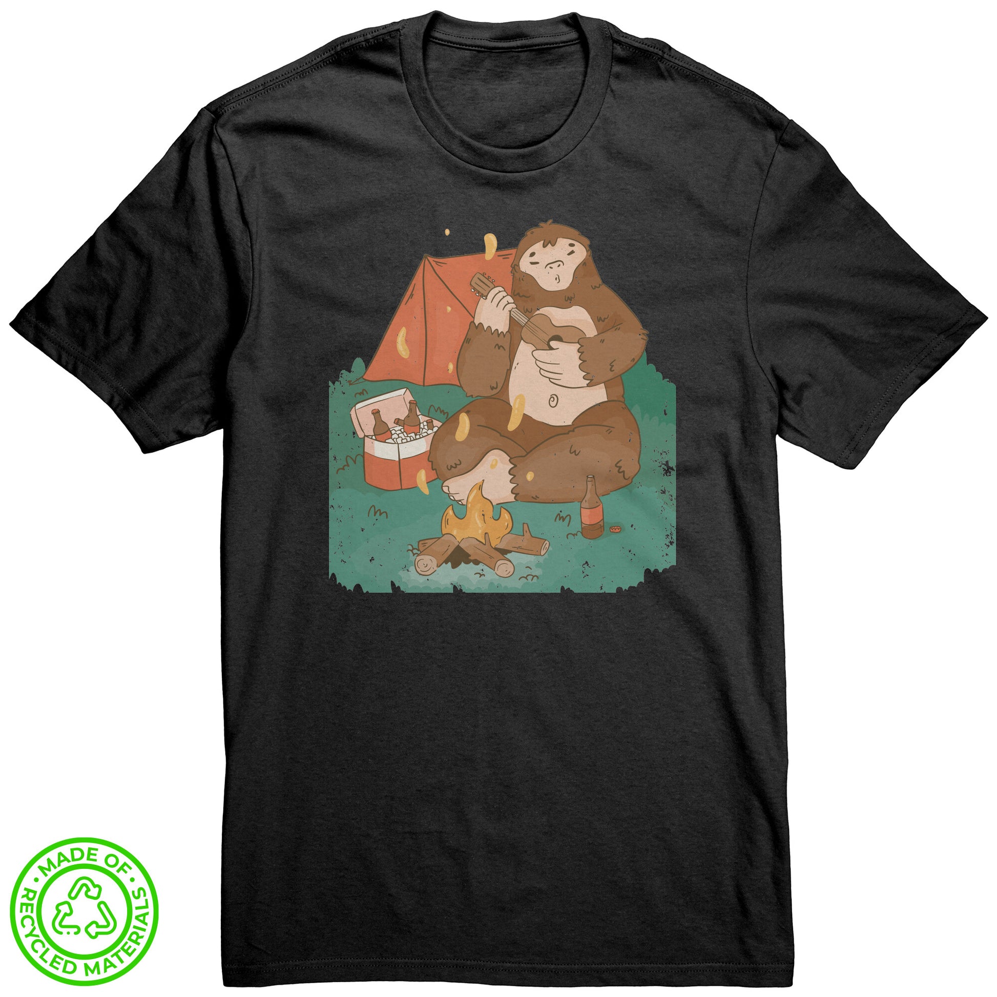 The Outdoor POD Store. 100% Recycled Tee Collection. Sasquatch by the Campfire. Black