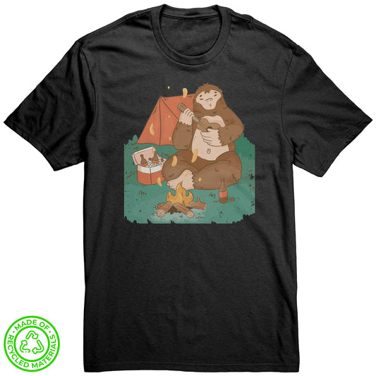 The Outdoor POD Store. 100% Recycled Tee Collection. Sasquatch by the Campfire. Black