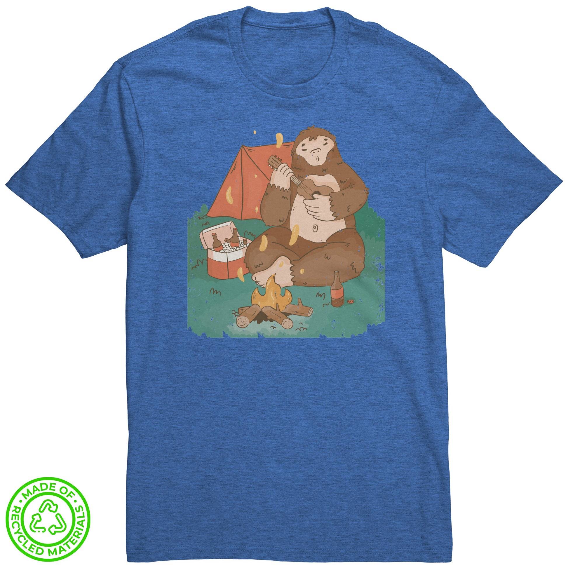 The Outdoor POD Store. 100% Recycled Tee Collection. Sasquatch by the Campfire. Blue Heather