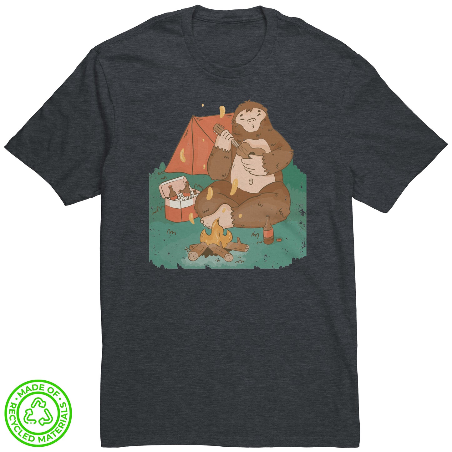 The Outdoor POD Store. 100% Recycled Tee Collection. Sasquatch by the Campfire. Charcoal Heather