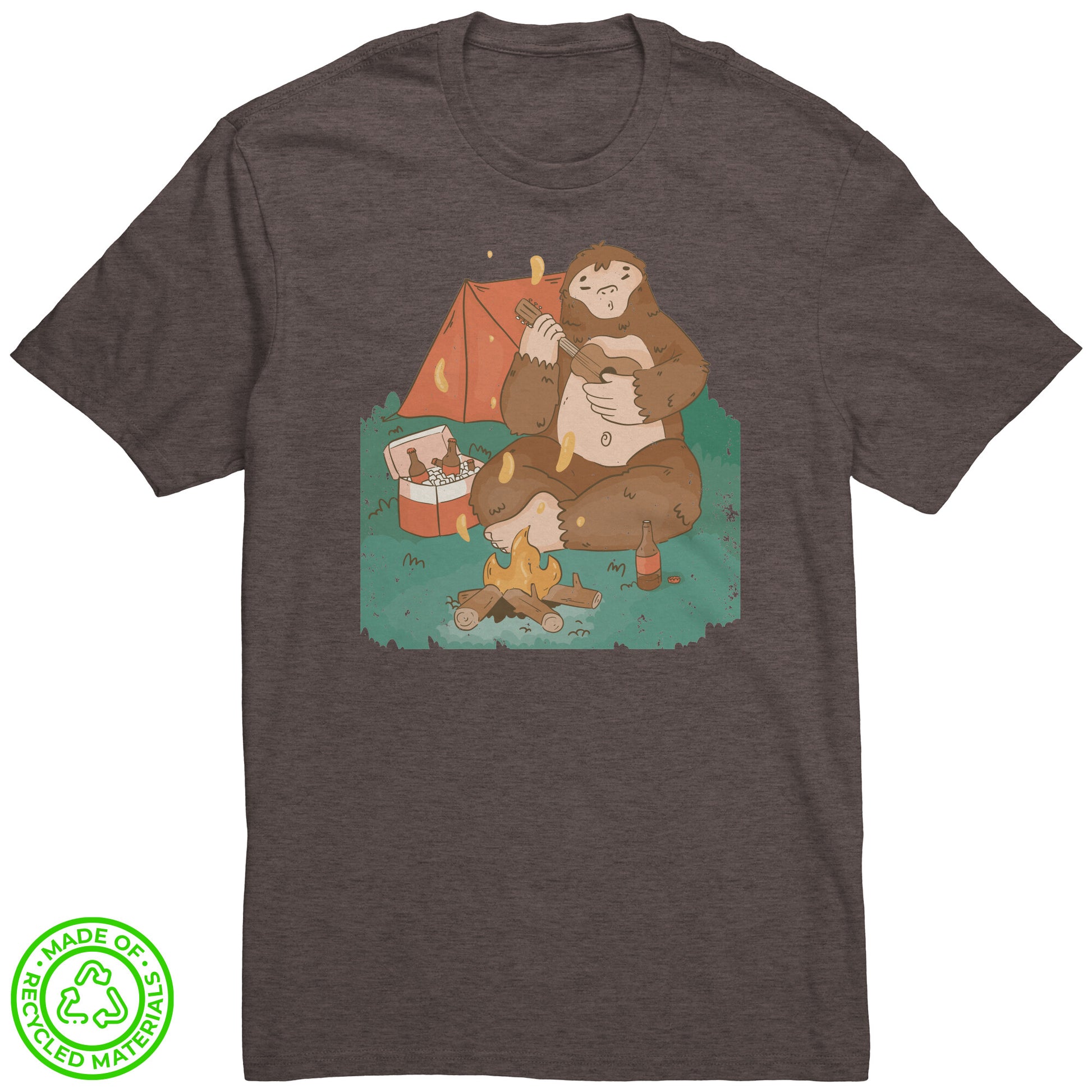 The Outdoor POD Store. 100% Recycled Tee Collection. Sasquatch by the Campfire. Deep Brown Heather