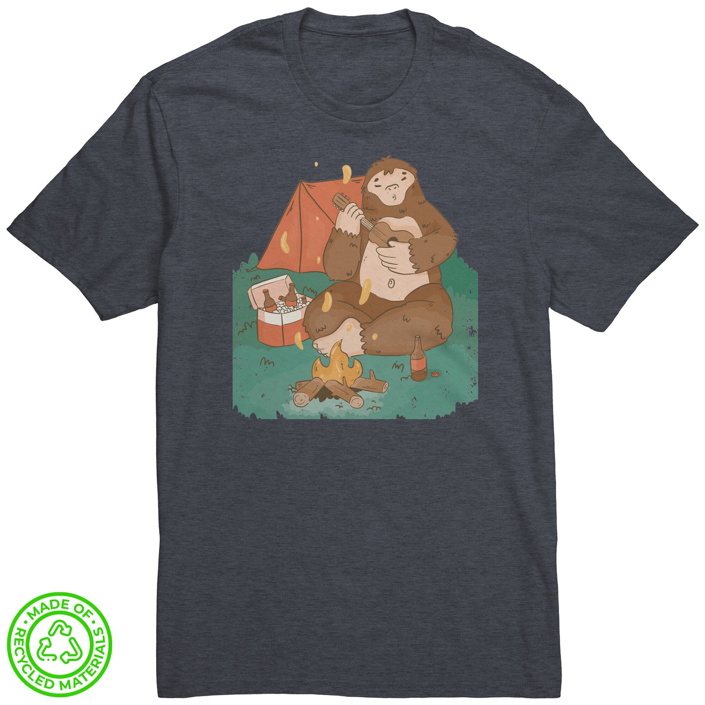 The Outdoor POD Store. 100% Recycled Tee Collection. Sasquatch by the Campfire. Heather Navy