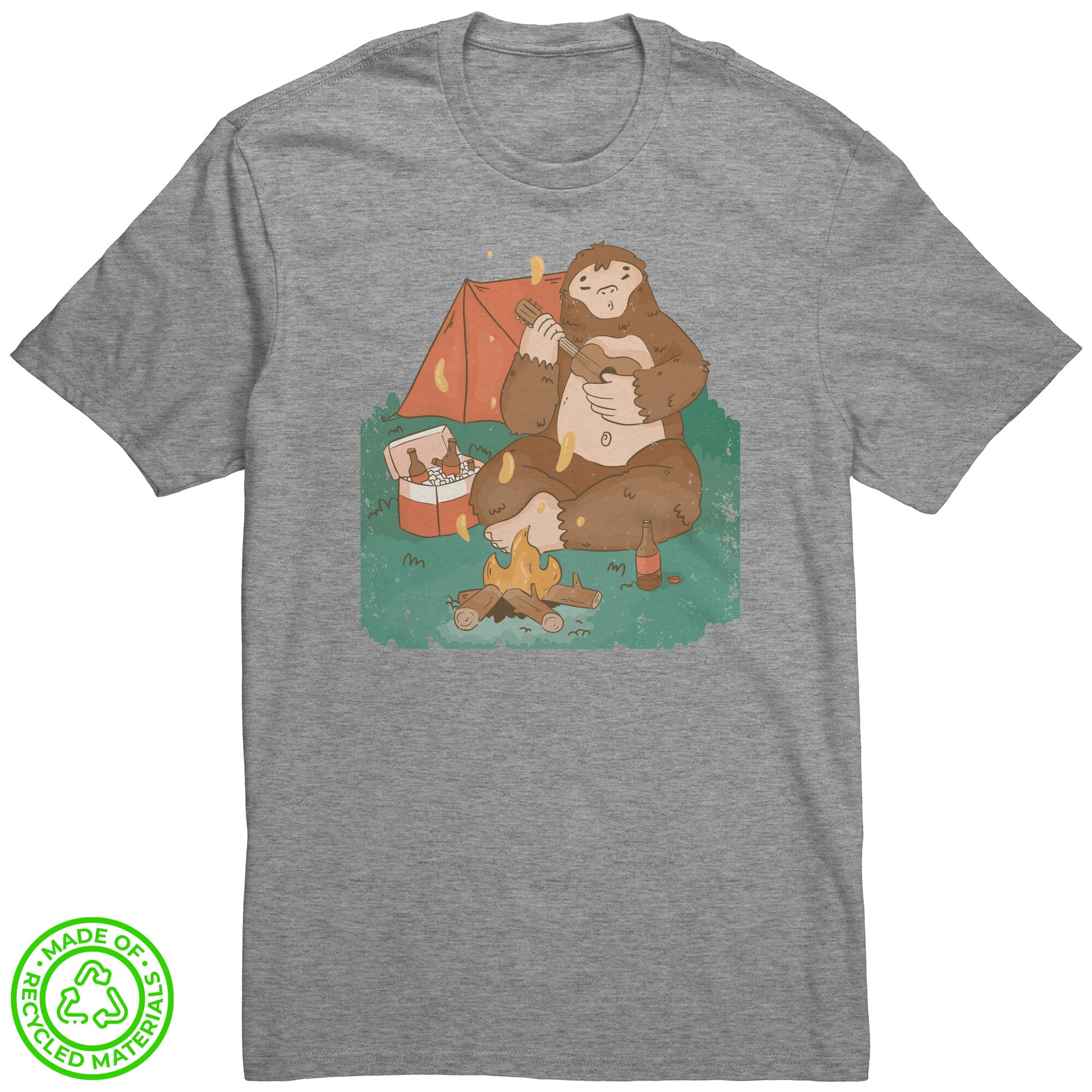 The Outdoor POD Store. 100% Recycled Tee Collection. Sasquatch by the Campfire. Light Heather Grey