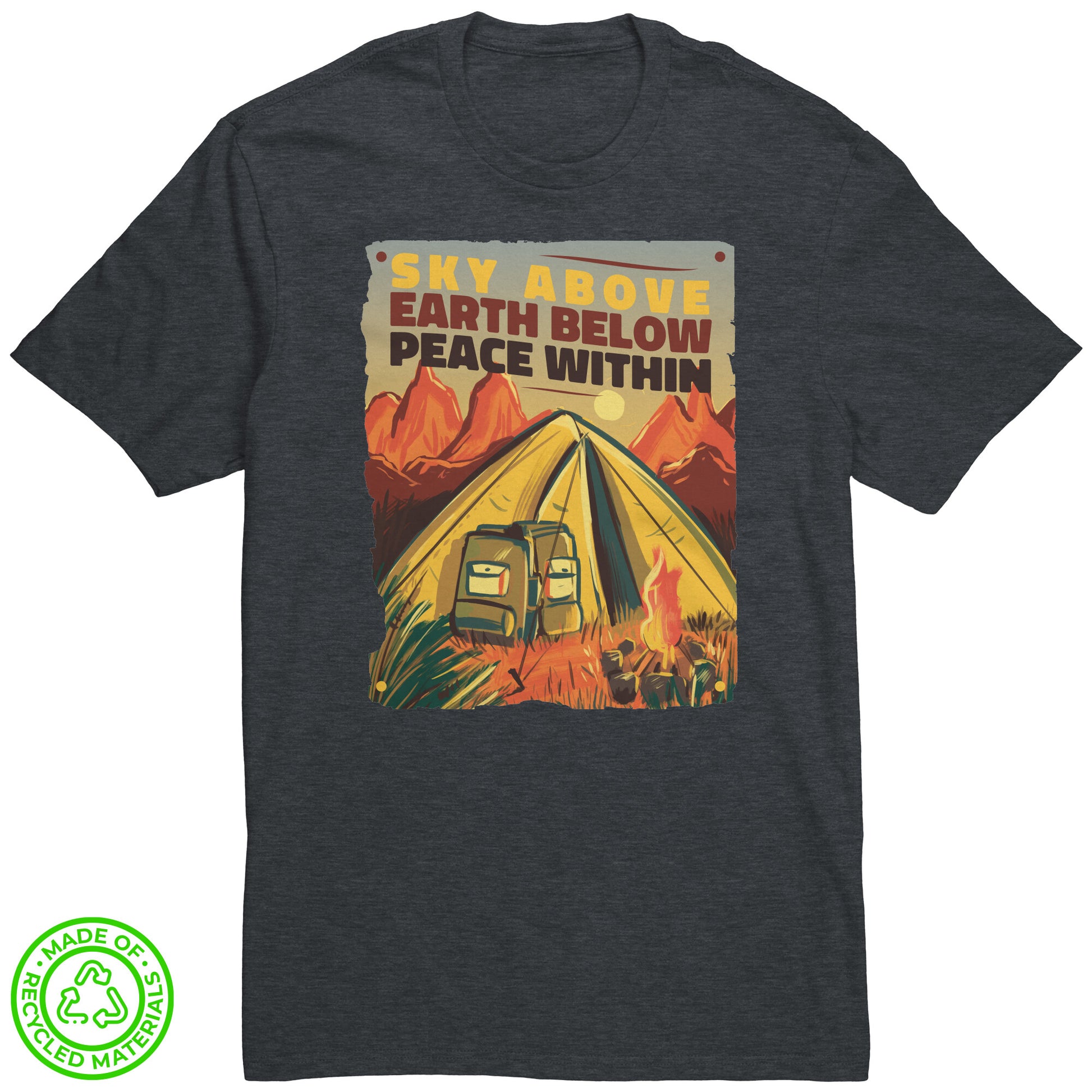 The Outdoor POD Store. 100% Recycled Tee Collection. Sky Above Earth Below Peace Within. Charcoal Heather