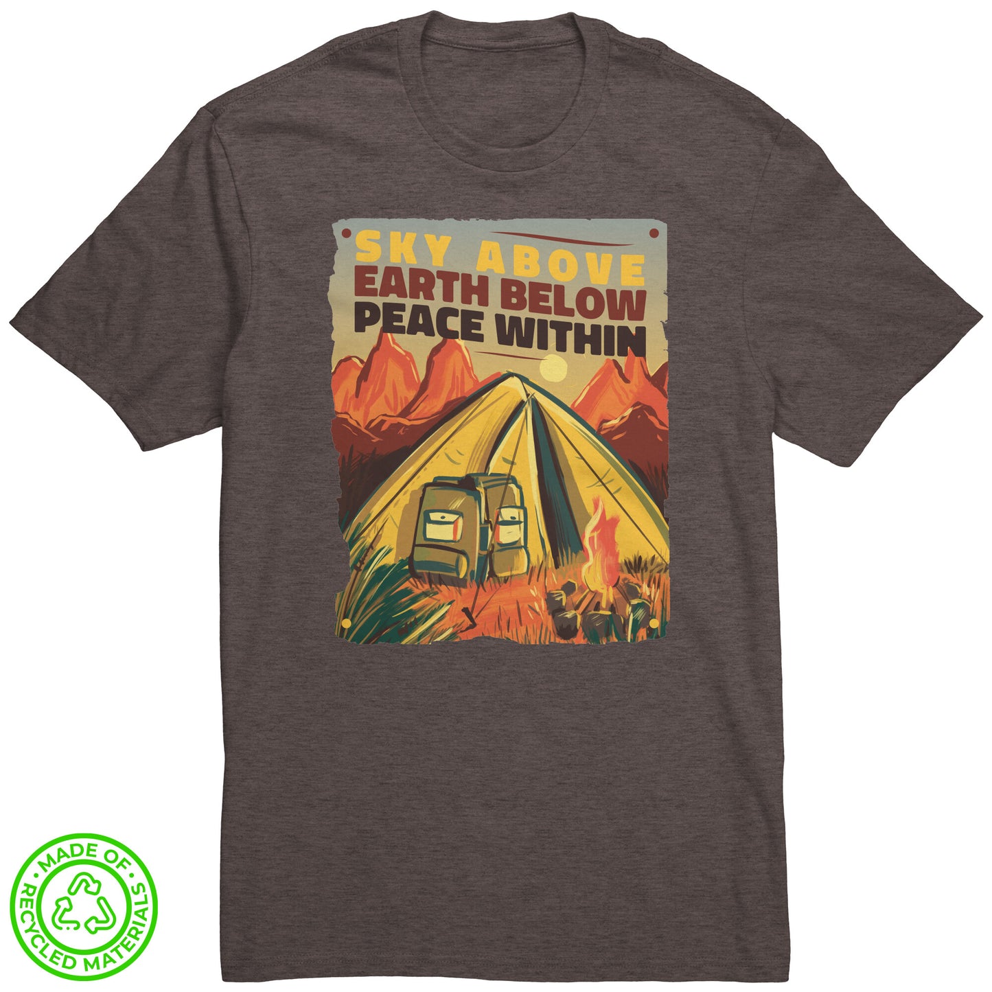 The Outdoor POD Store. 100% Recycled Tee Collection. Sky Above Earth Below Peace Within. Deep Brown Heather