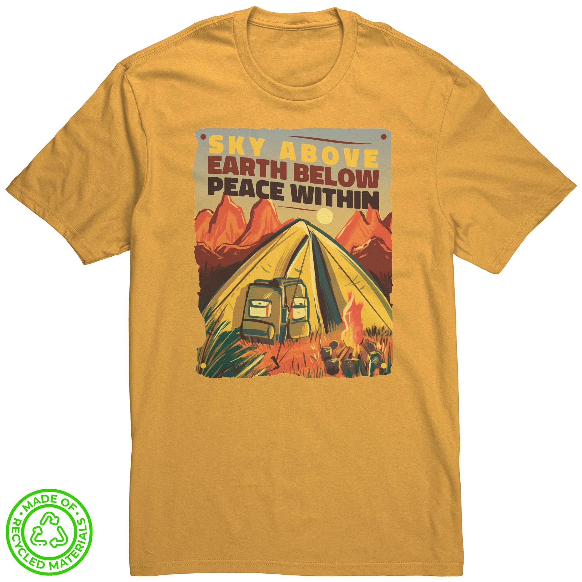 The Outdoor POD Store. 100% Recycled Tee Collection. Sky Above Earth Below Peace Within. Maize Yellow