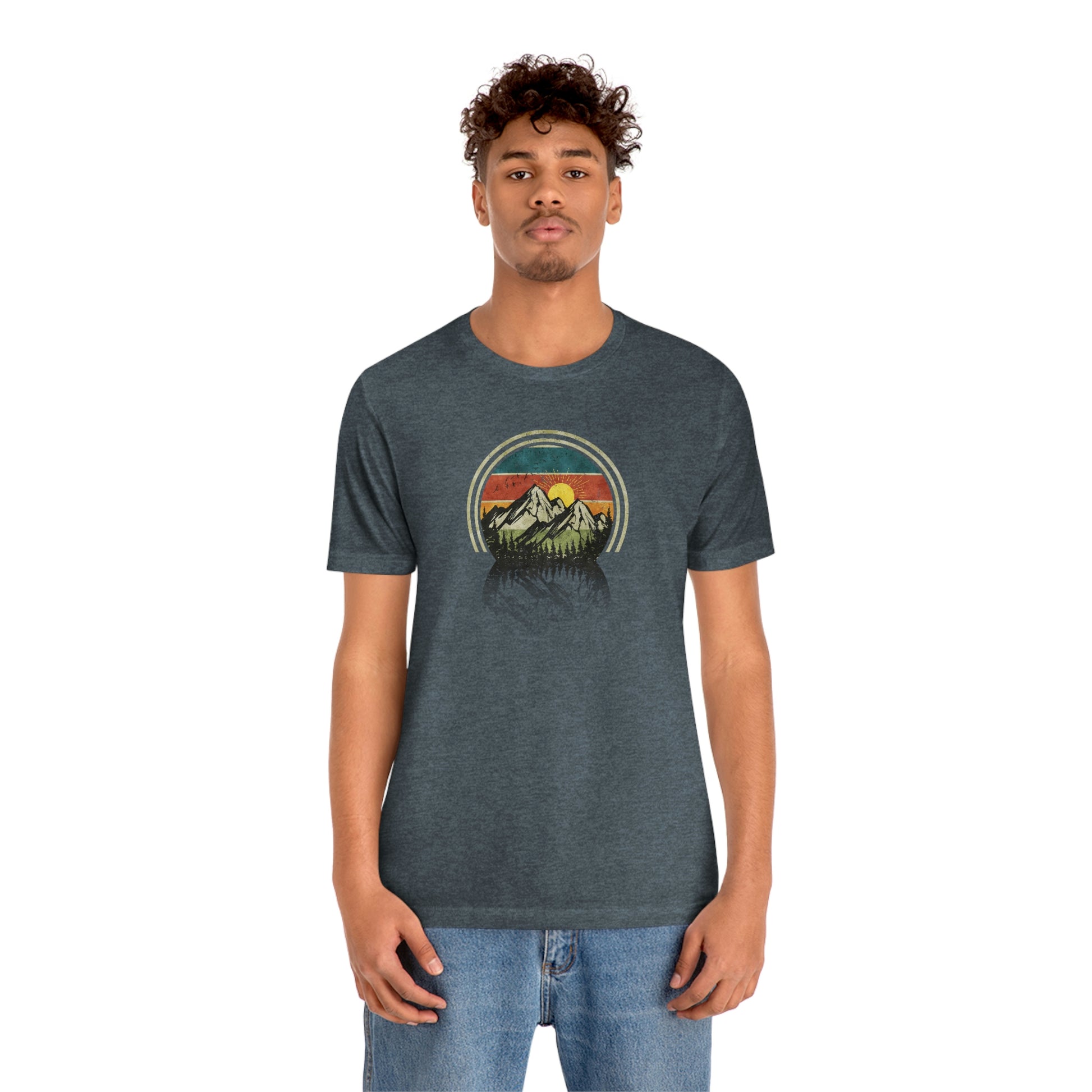 The Outdoor POD Store. Camping Tee Collection. Mountains. Heather Navy