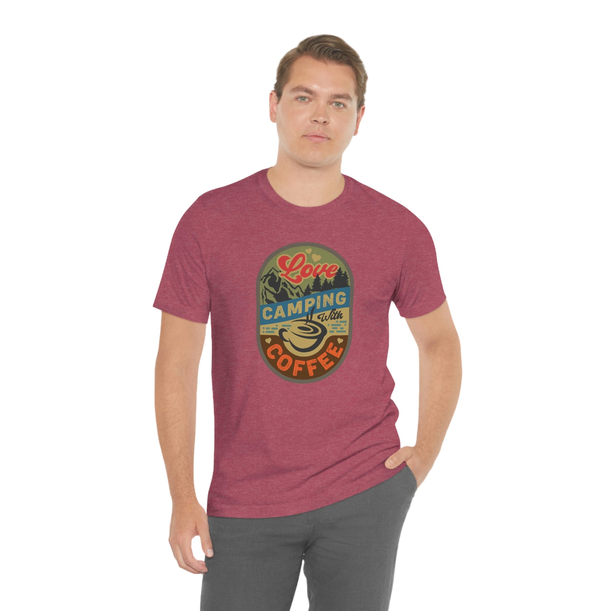 The Outdoor POD Store: Vintage Camping Tee - Love Camping with Coffee. Heather Raspberry