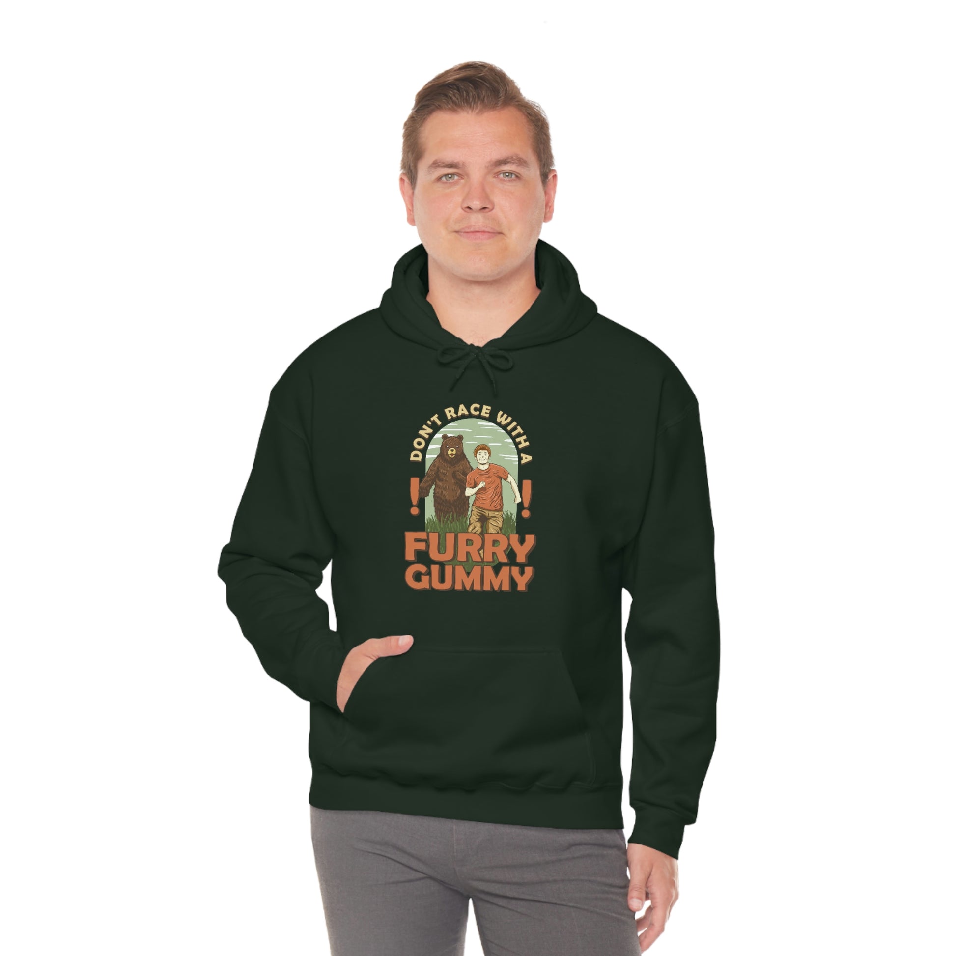 The Outdoor POD Store Funny Animal Meme Collection & Hoodie Collection. Don't Race with a Furry Gummy. Forest Green